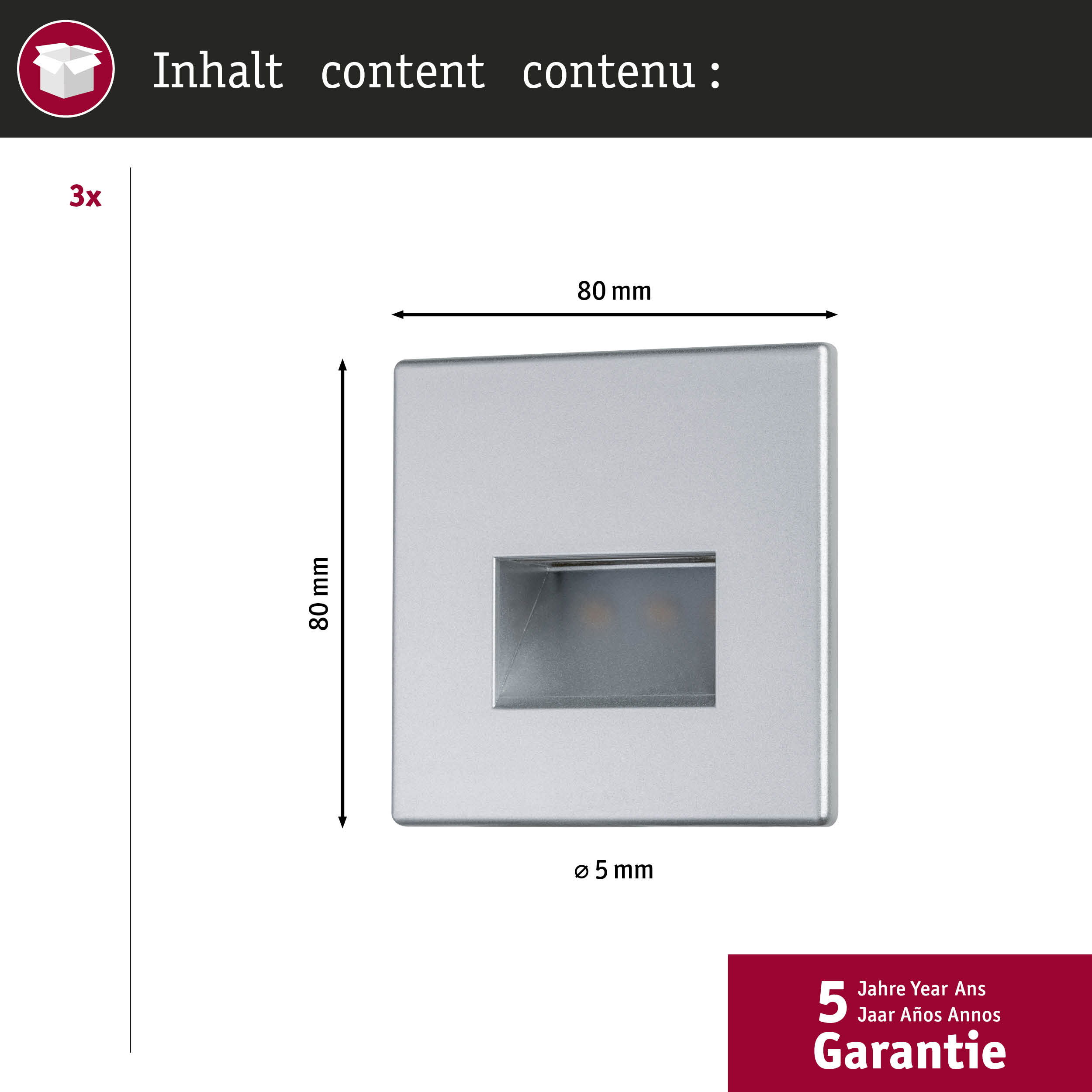 Kwadratowa srebrna lampa LED o wymiarach i 5-letniej gwarancji na białym tle.