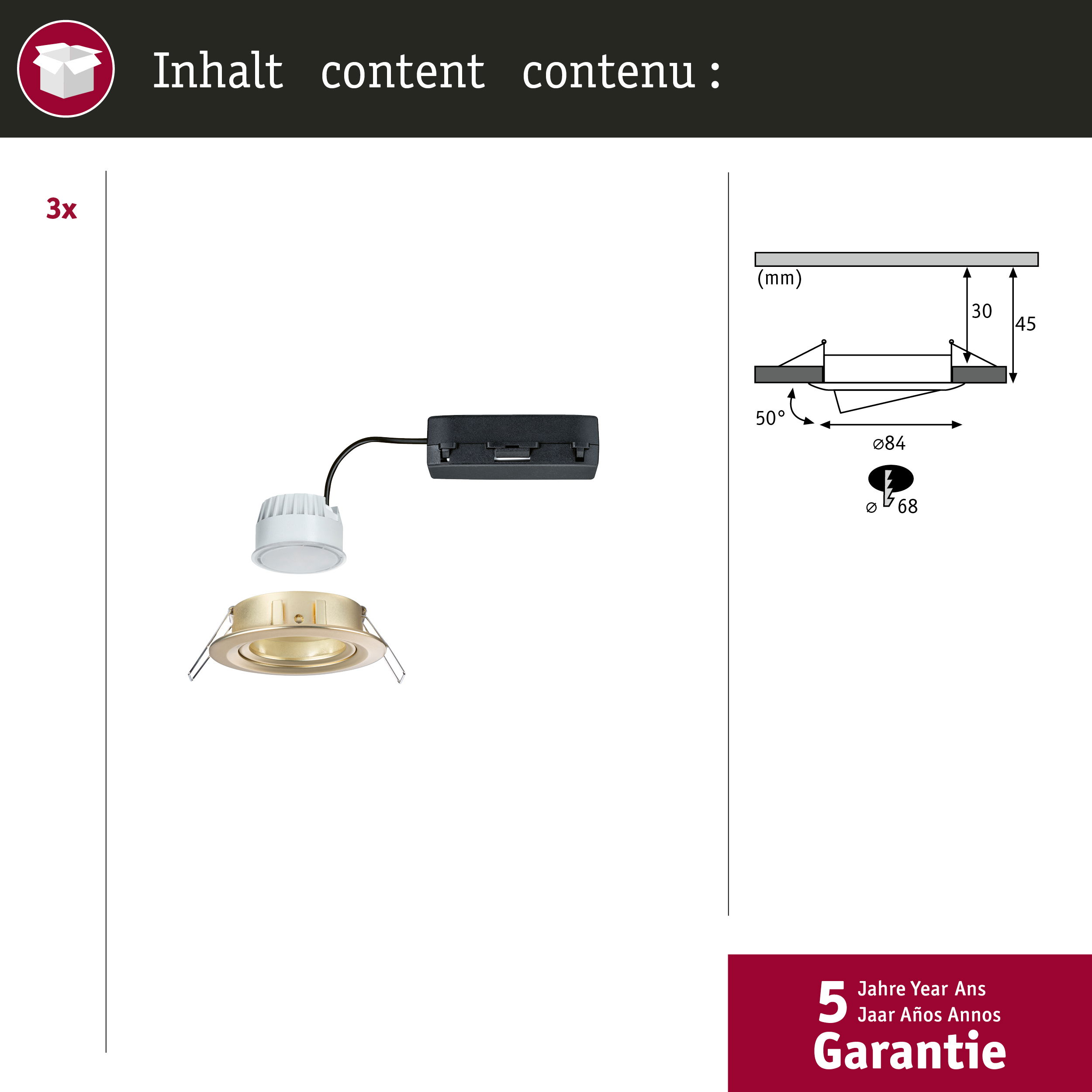 Diagram pokazuje wymiary i komponenty złotej lampy wpuszczanej.