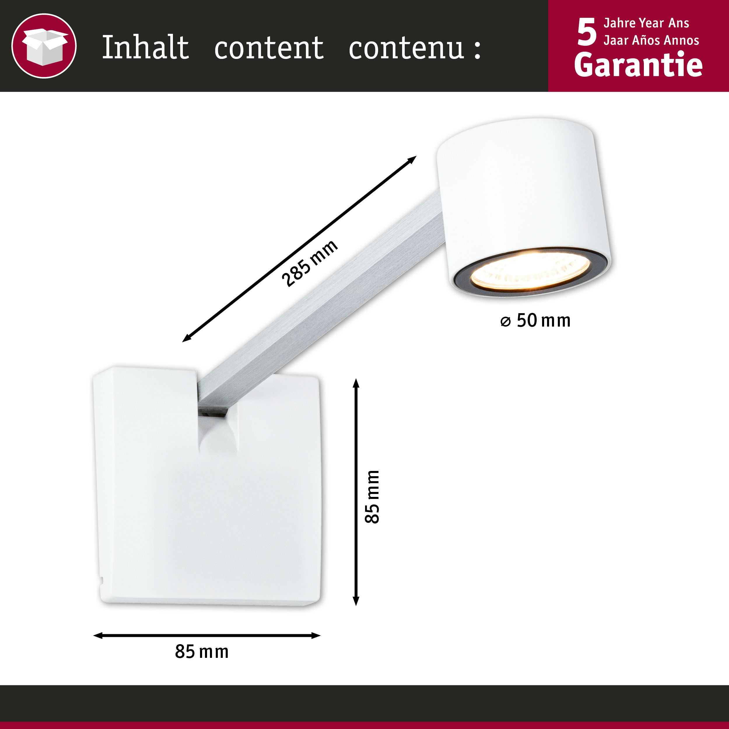 Biały reflektor LED o wymiarach i 5-letniej gwarancji na białym tle.