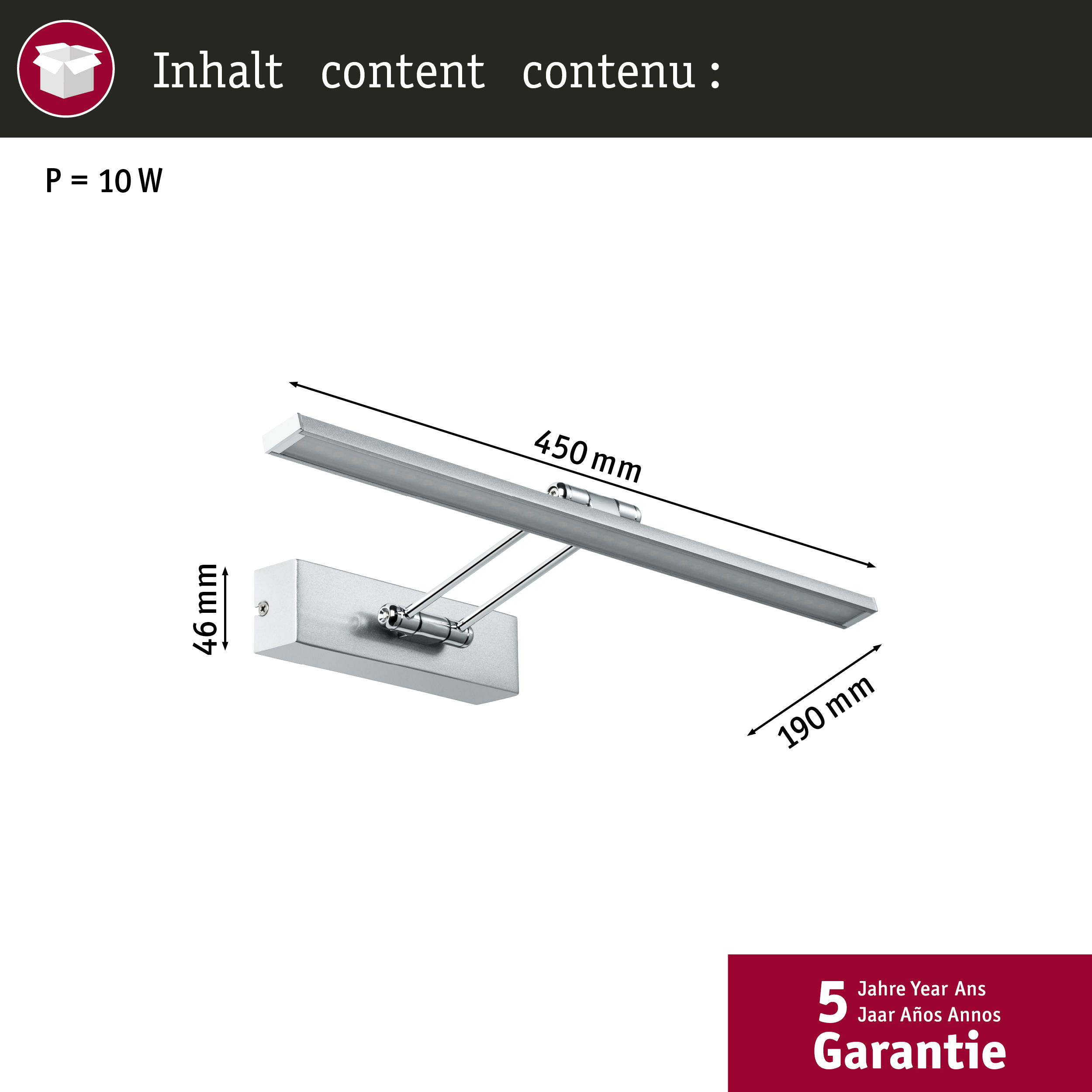 Srebrna lampa do obrazów o wymiarach i 5-letniej gwarancji na białym tle.