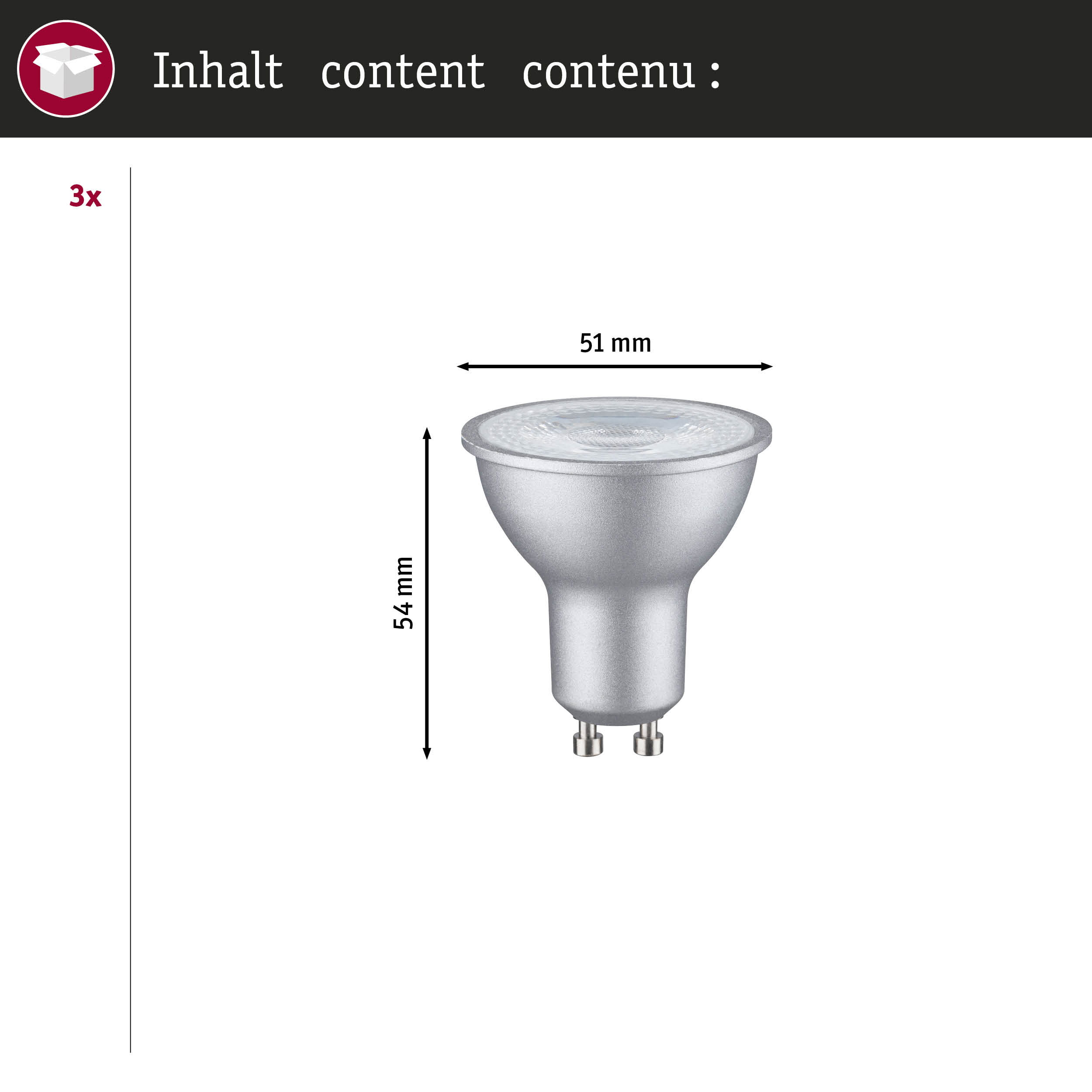 Srebrna żarówka o wymiarach 54 mm długości i 51 mm szerokości, na białym tle.