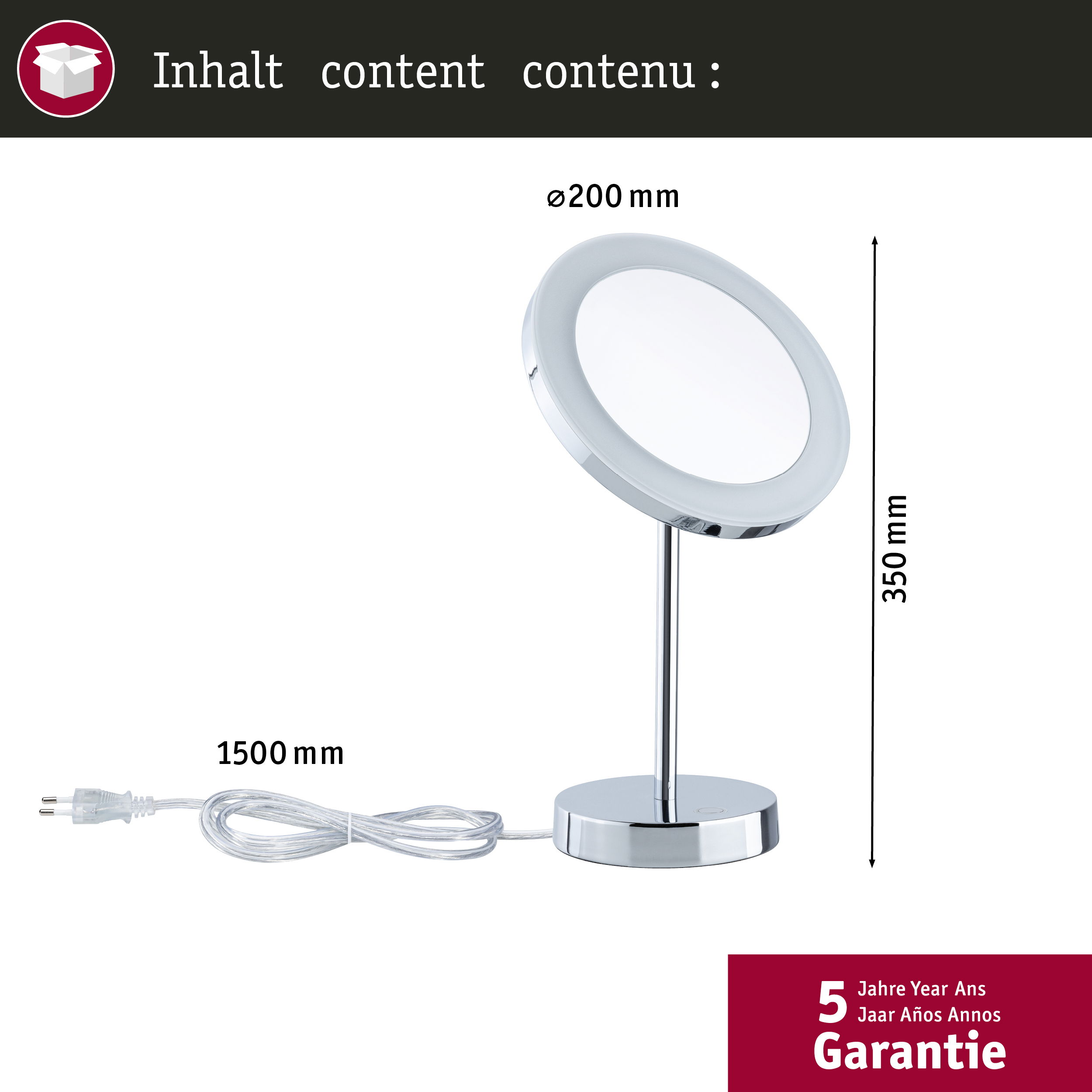 Ein silberner beleuchteter Kosmetikspiegel mit Ständer, Kabel und den angegebenen Maßen.