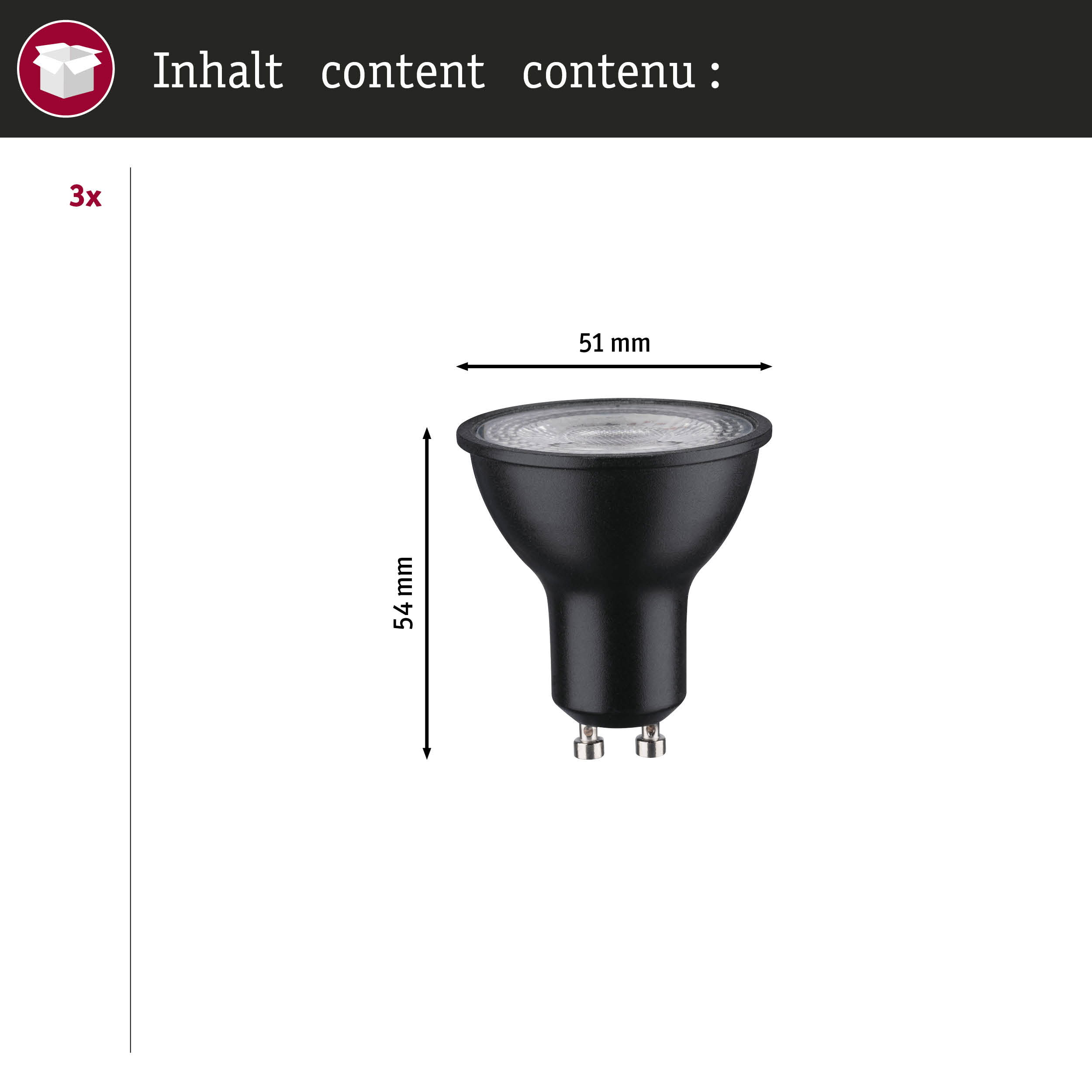 Czarna żarówka LED z srebrnymi pinami jest pokazana na białym tle z wymiarami.