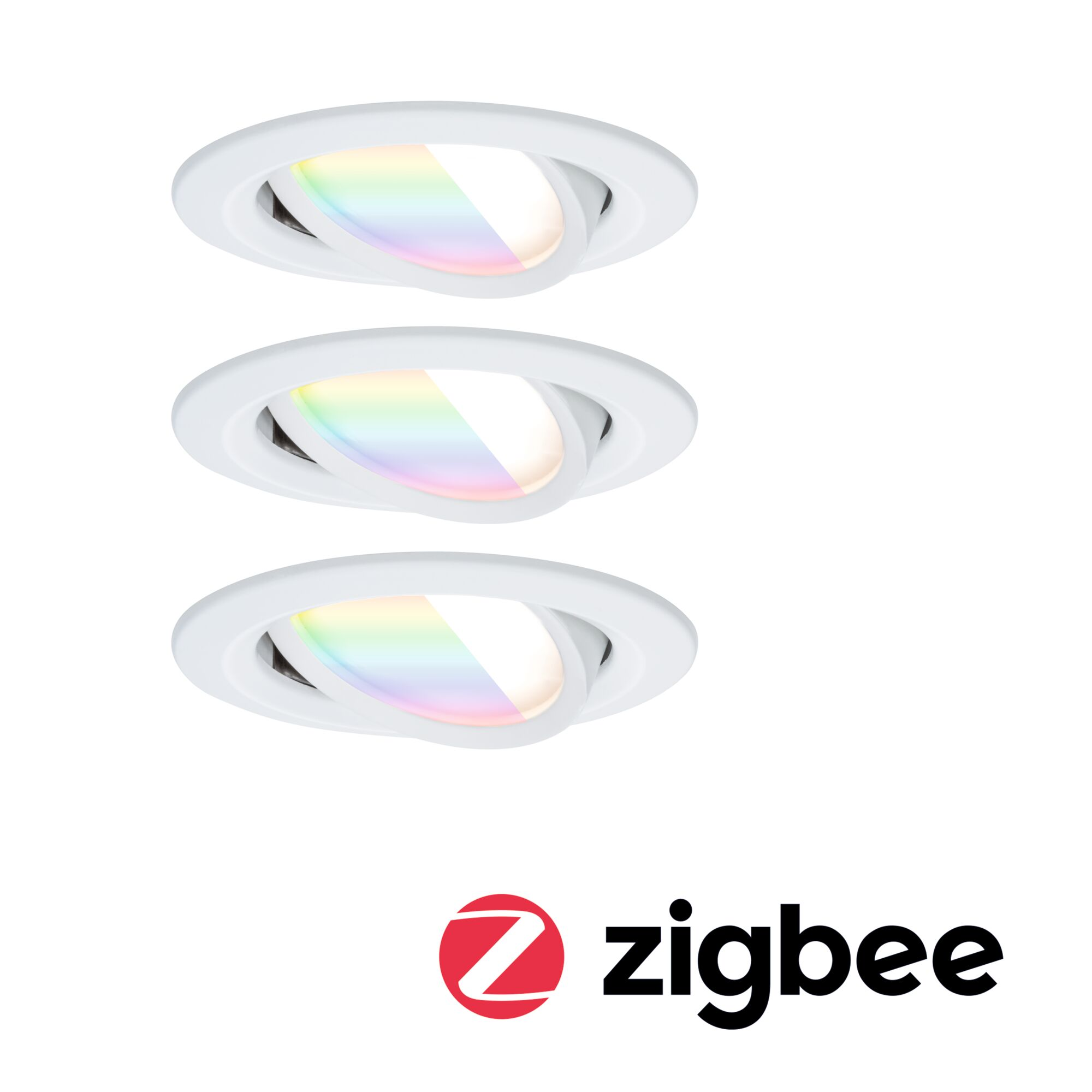 Trzy białe oprawy wpuszczane z tęczowymi odcieniami pośrodku i logo Zigbee na dole.