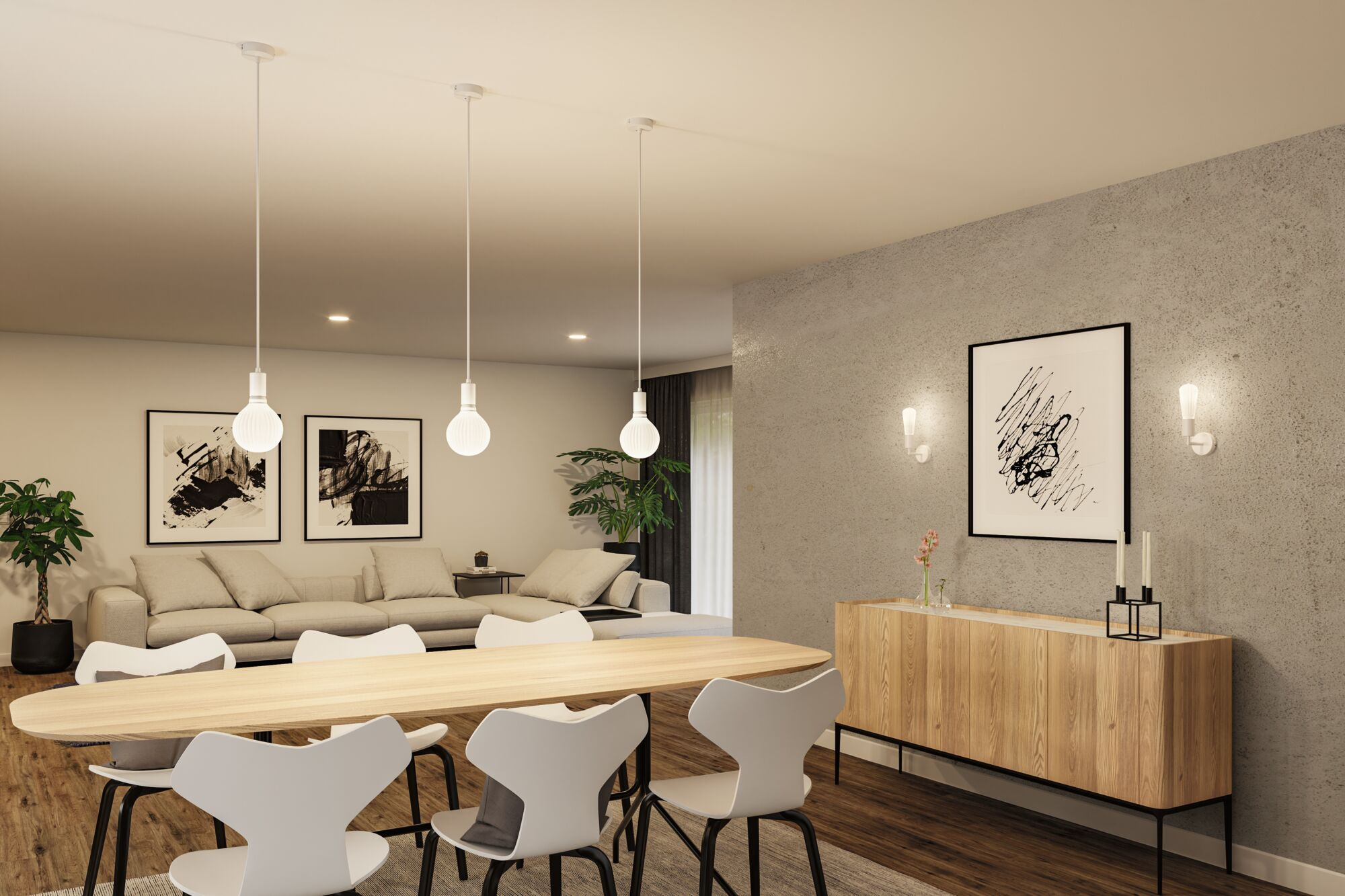 Ein Esszimmer mit einem langen Holztisch, weißen Stühlen und Pendelleuchten über dem Tisch.