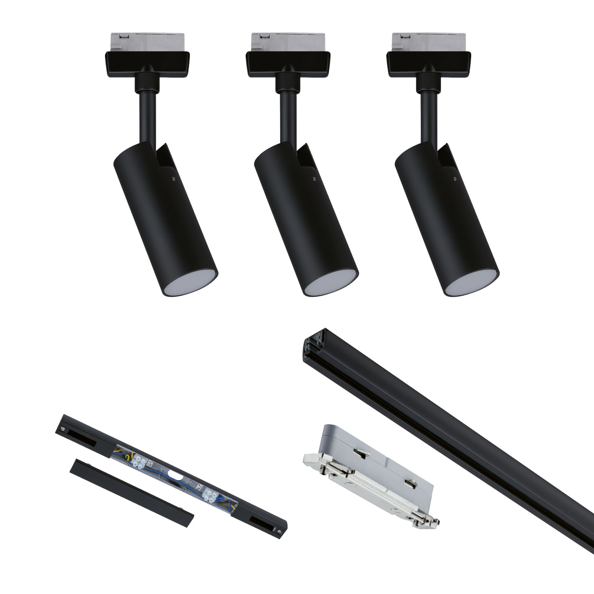 Trzy czarne reflektory szynowe i elementy toru są wyświetlane na białym tle.