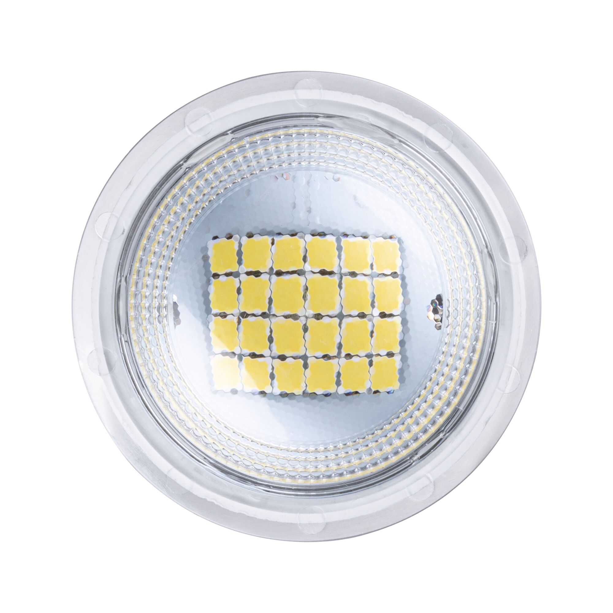 Une ampoule LED avec une grille de lumières jaunes est affichée sur un fond blanc.