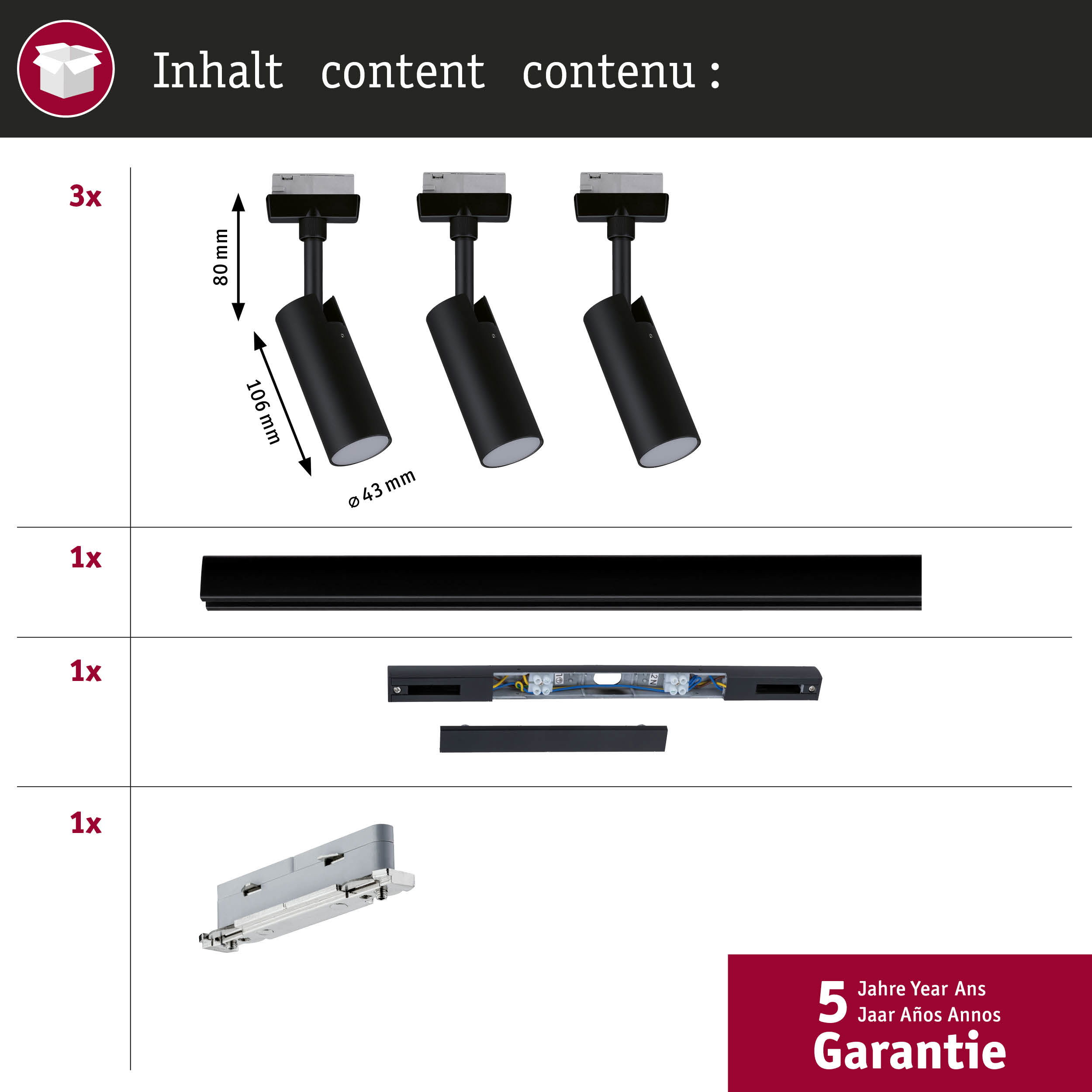 Grafika przedstawiająca elementy i wymiary oświetlenia szynowego w spisie treści z gwarancją.