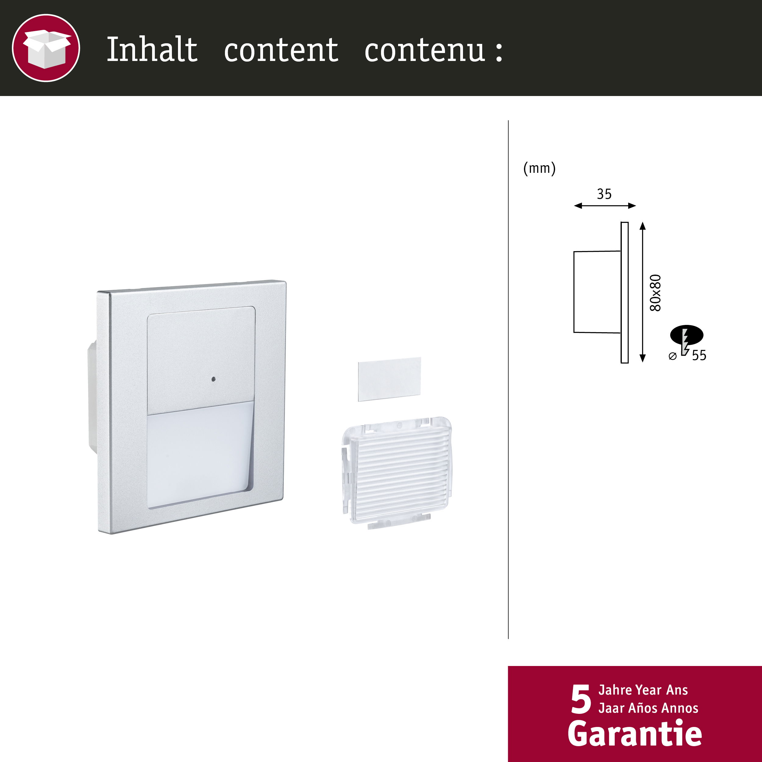 Ein weißes, quadratisches Element mit Licht und Abmessungen rechts: 80x80 mm und 55 mm Durchmesser.