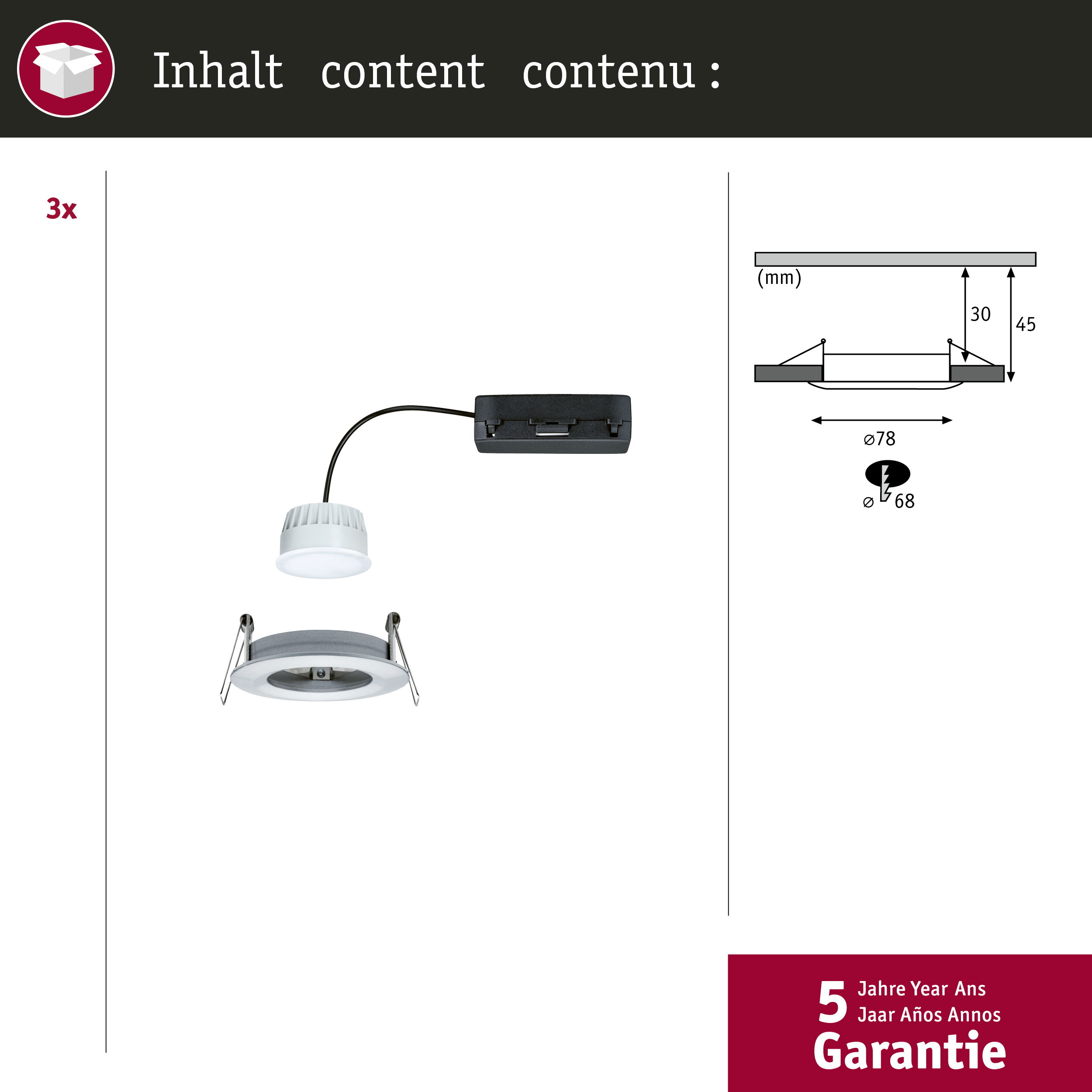 Explosionsansicht einer Einbauleuchte. Teile umfassen das Licht, ein Gehäuse und einen Stecker.