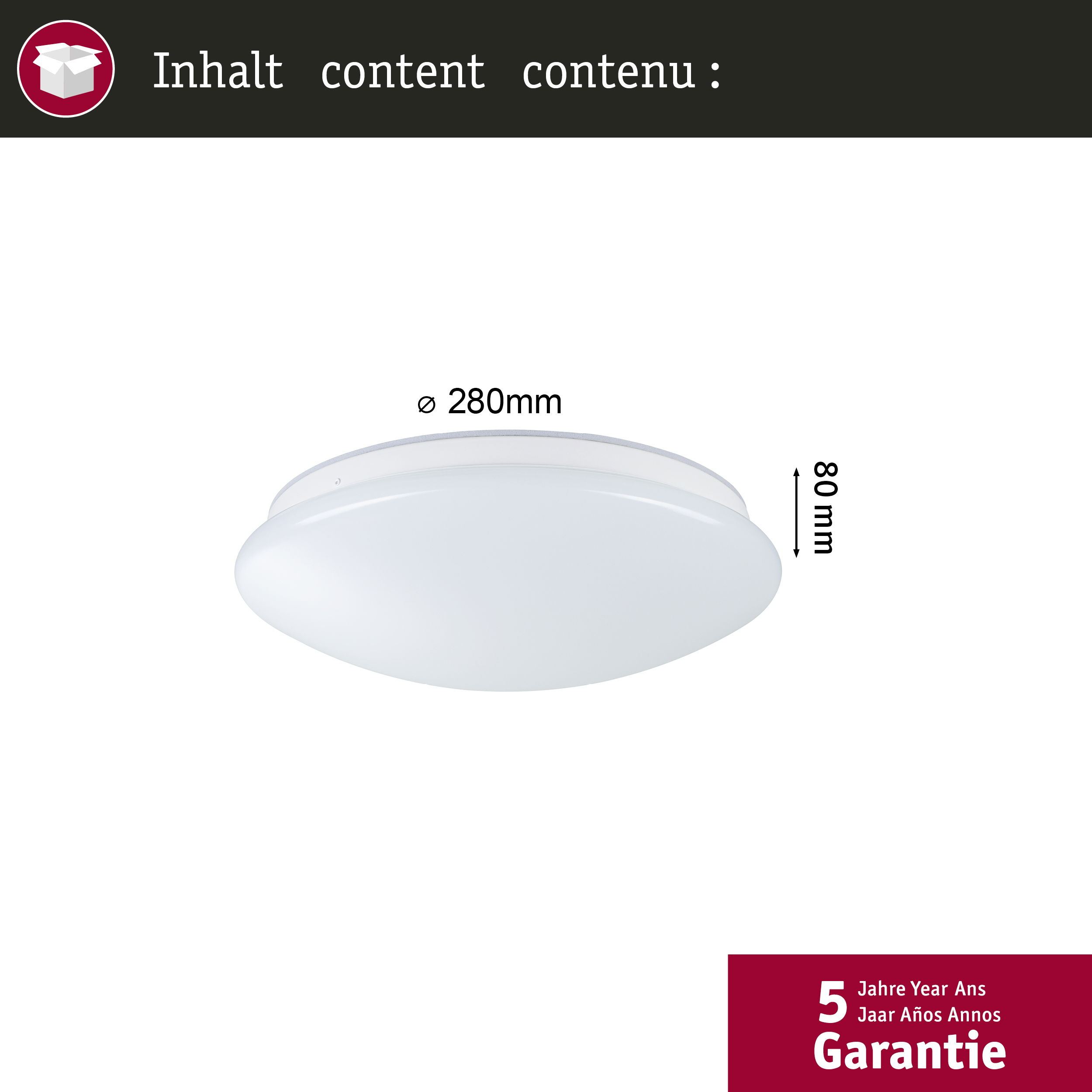 Biała, owalna lampa sufitowa. Tekst powyżej: Inhalt content contenu. Pieczęć gwarancyjna.