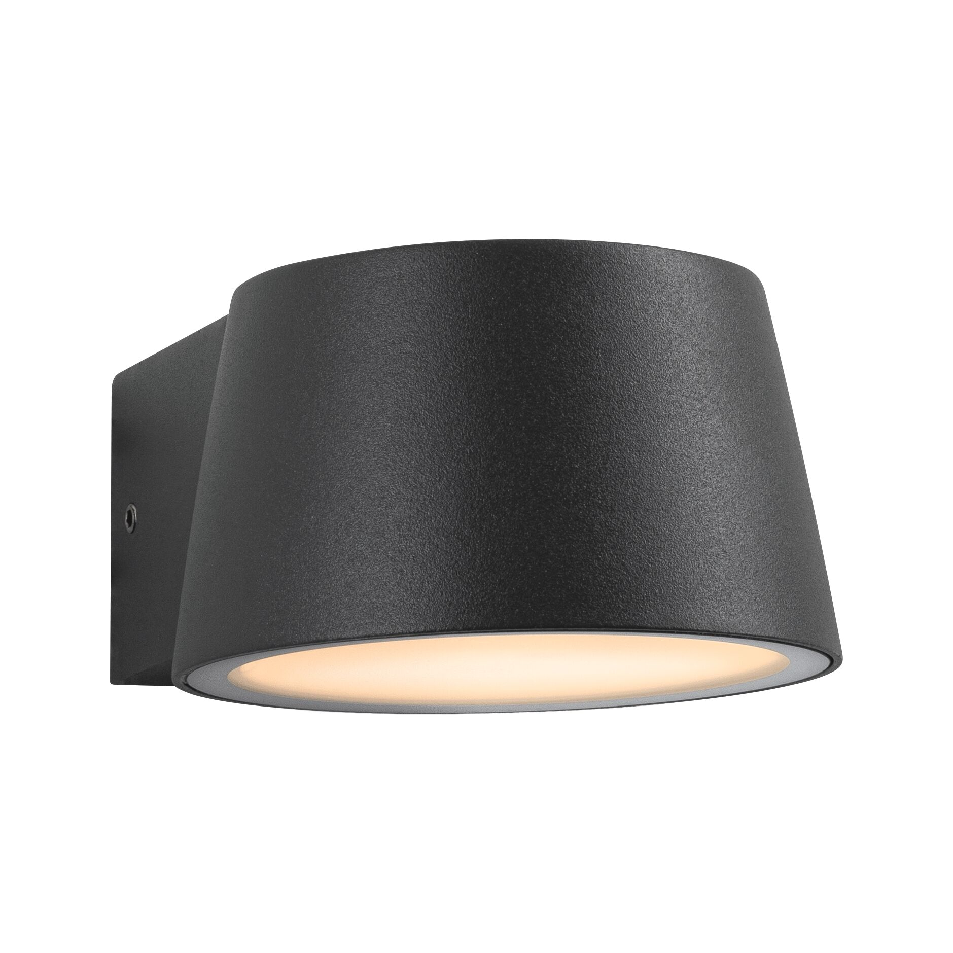 Czarna, cylindryczna zewnętrzna lampa ścienna z emisją światła skierowaną w dół. Nowoczesny design.