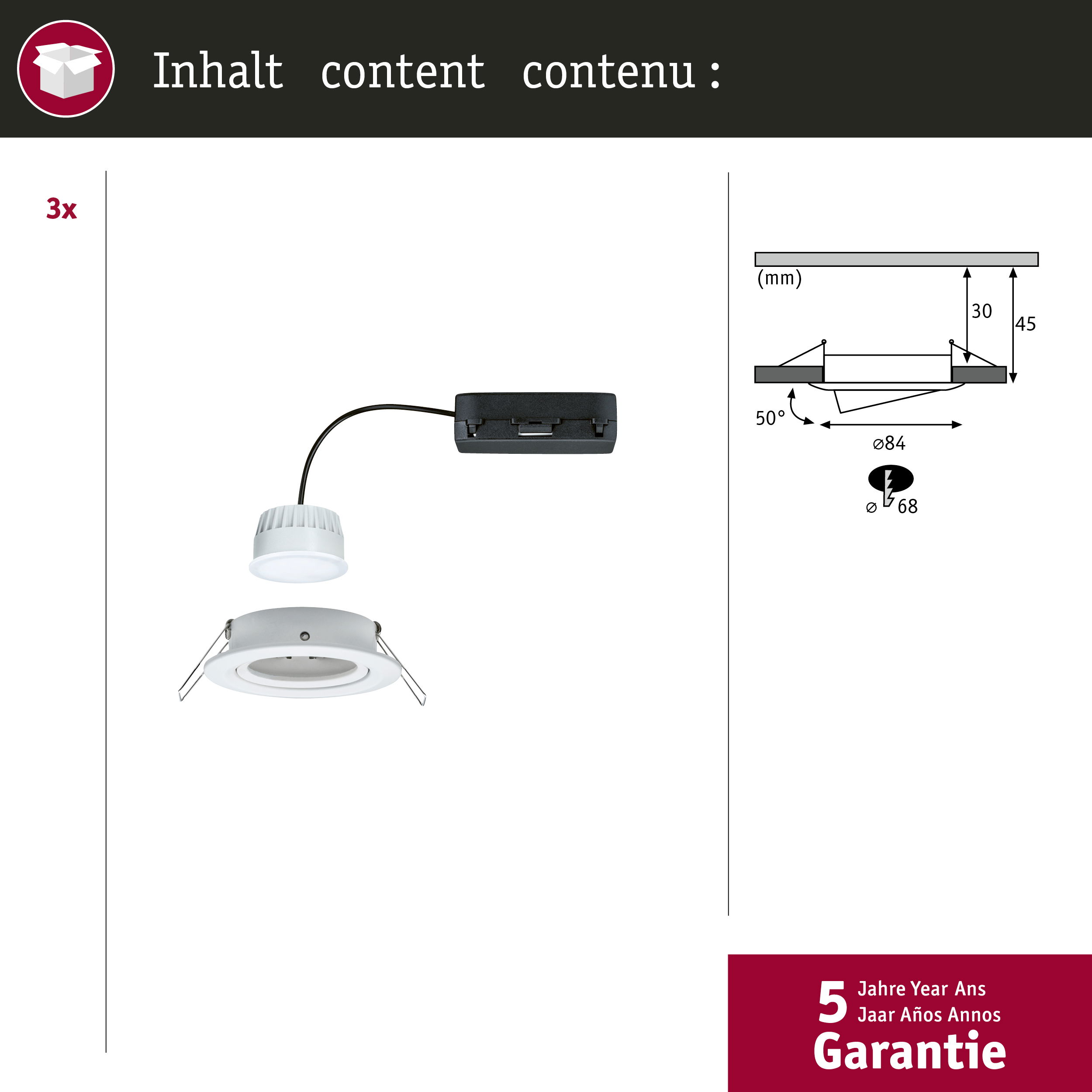 Das Bild zeigt ein Diagramm und ein Foto einer Einbauleuchte mit Anschlusskabel und Steuergerät.