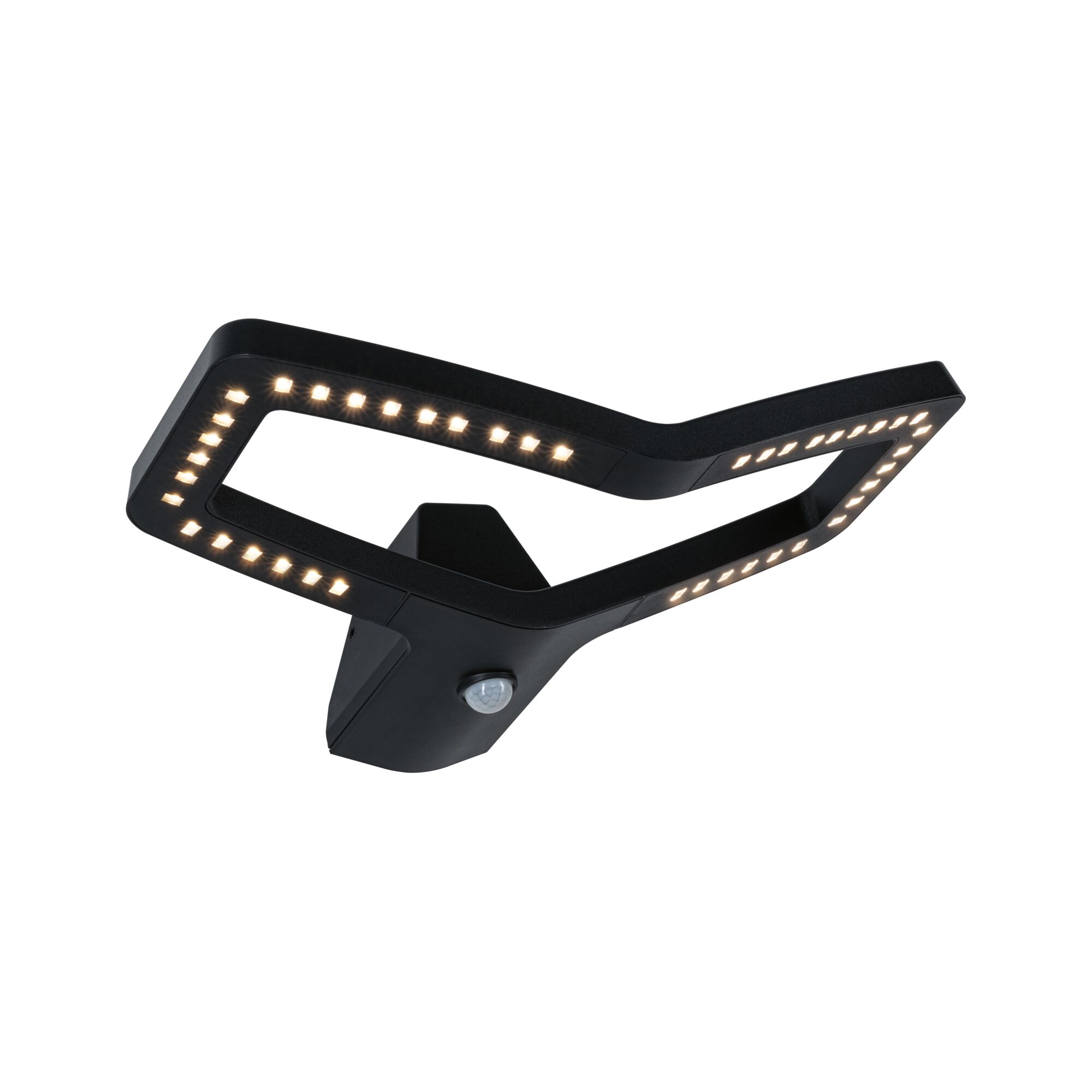 Czarna, kanciasta lampa sufitowa LED z czujnikiem ruchu, widziana od dołu na białym tle.