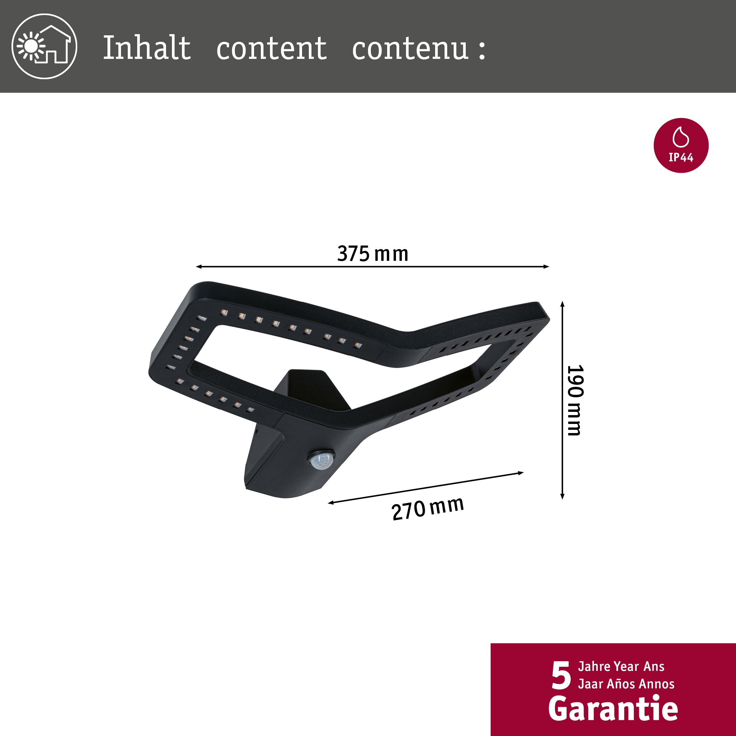 Zdjęcie przedstawia schemat czarnej, kanciastej lampy sufitowej LED z czujnikiem ruchu, w tym wymiary.