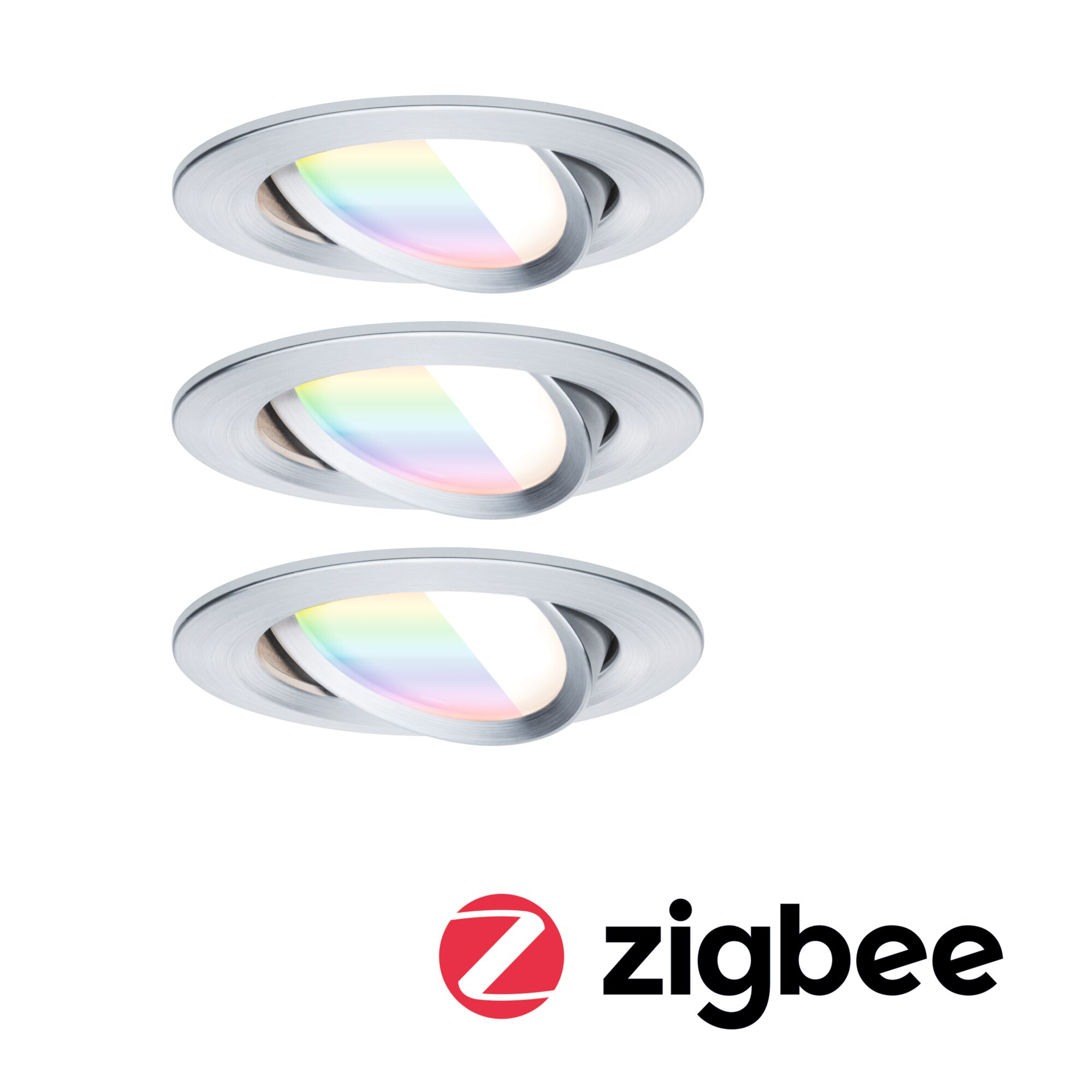 Trzy lampy wpuszczane z tęczowymi odbiciami są wyświetlane na białym tle z logo Zigbee.