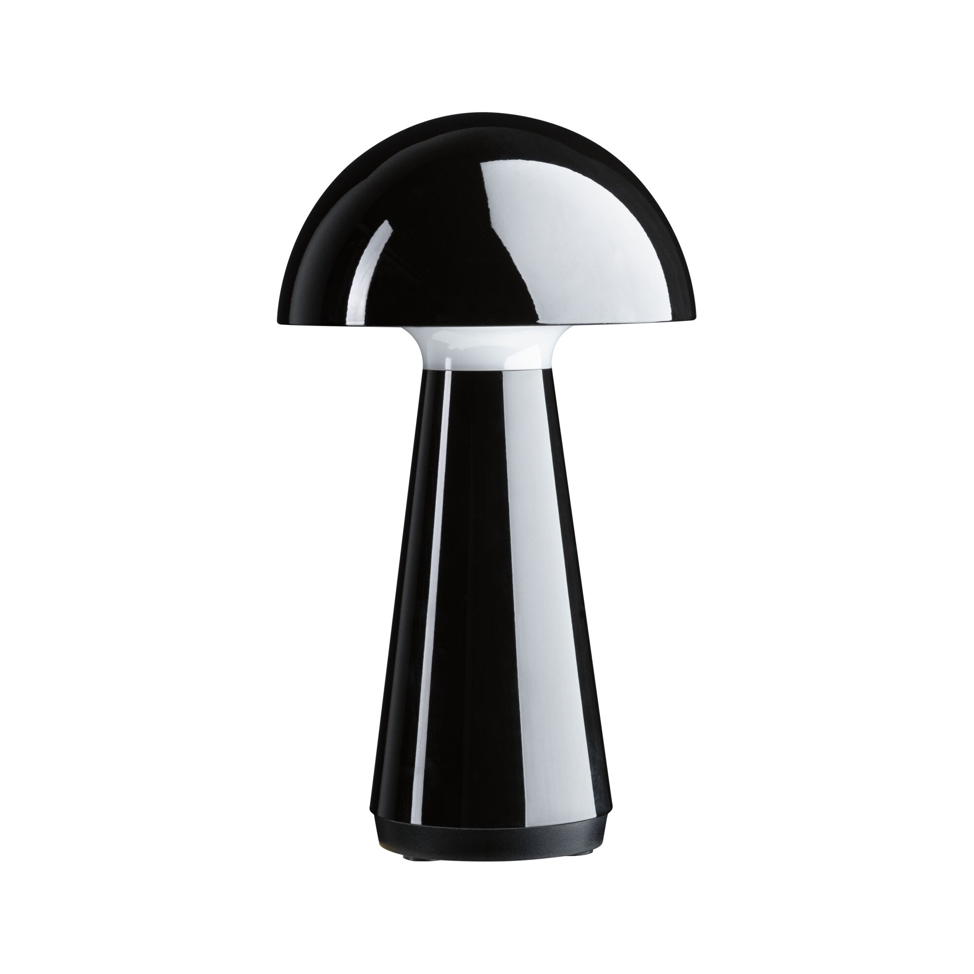 Błyszcząca czarna lampa stołowa w kształcie grzyba ze stożkową podstawą, wyśrodkowana na białym tle.
