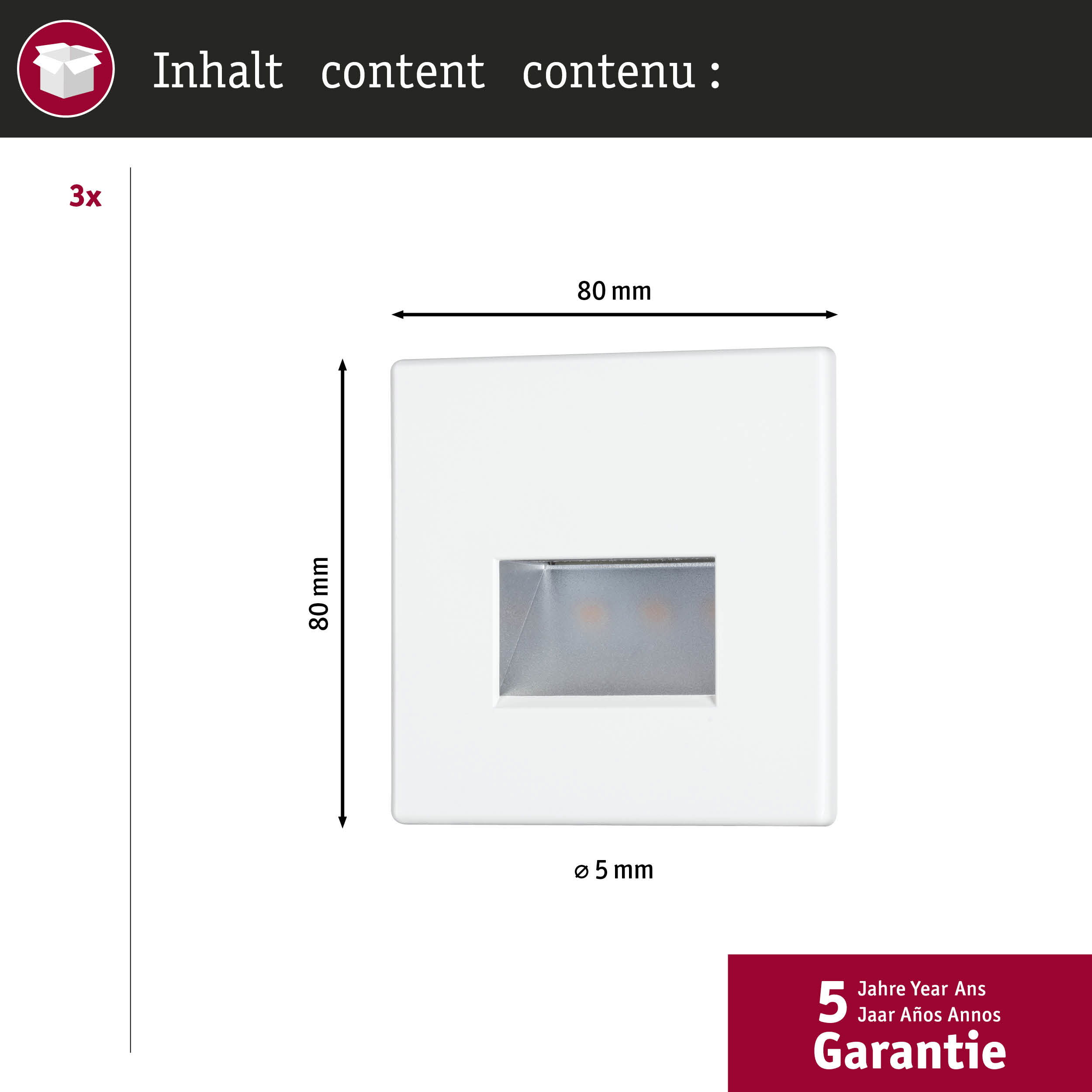 Obraz przedstawia białą kwadratową oprawę oświetleniową z wymiarami i informacjami o gwarancji na białym tle.
