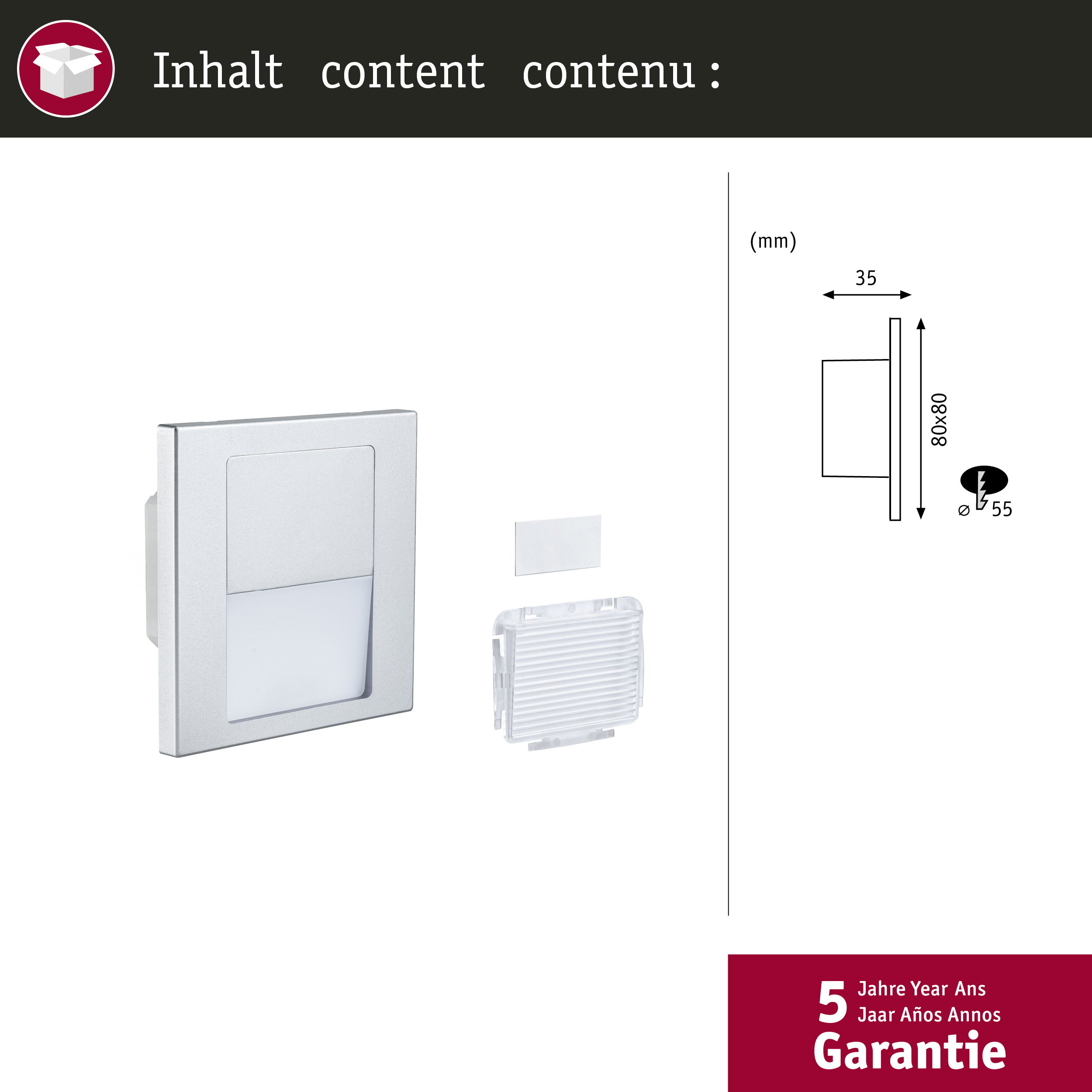 Das Bild zeigt eine silberne, quadratische Leuchte mit einer kleineren, quadratischen Lichteinlage, Abmessungen und Garantie.