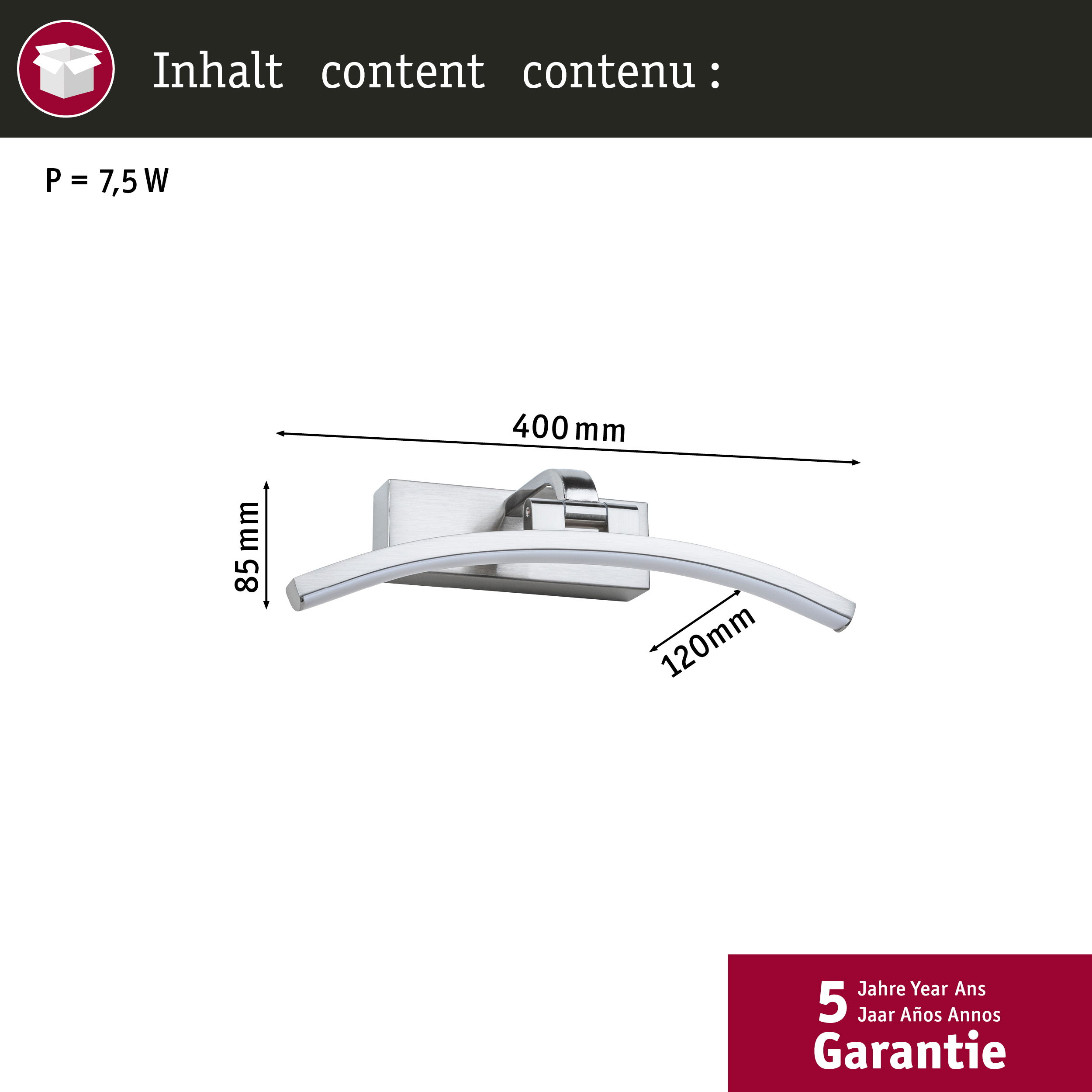 Obraz przedstawia zawartość, w tym zakrzywioną lampę łazienkową z wymiarami i pieczęcią gwarancyjną.