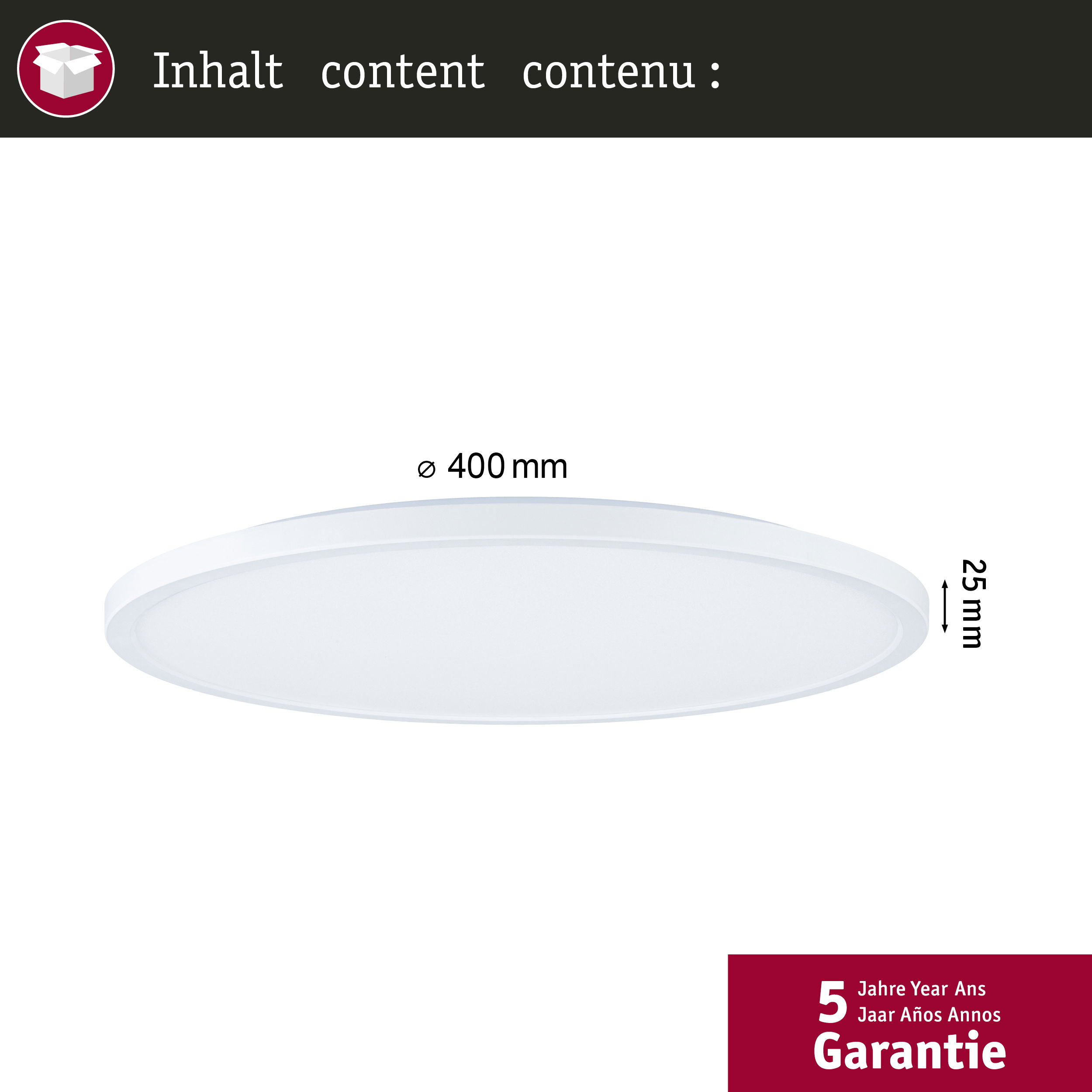 Das Bild zeigt ein Inhaltslabel mit einem Diagramm einer runden LED-Deckenleuchte und Abmessungen.