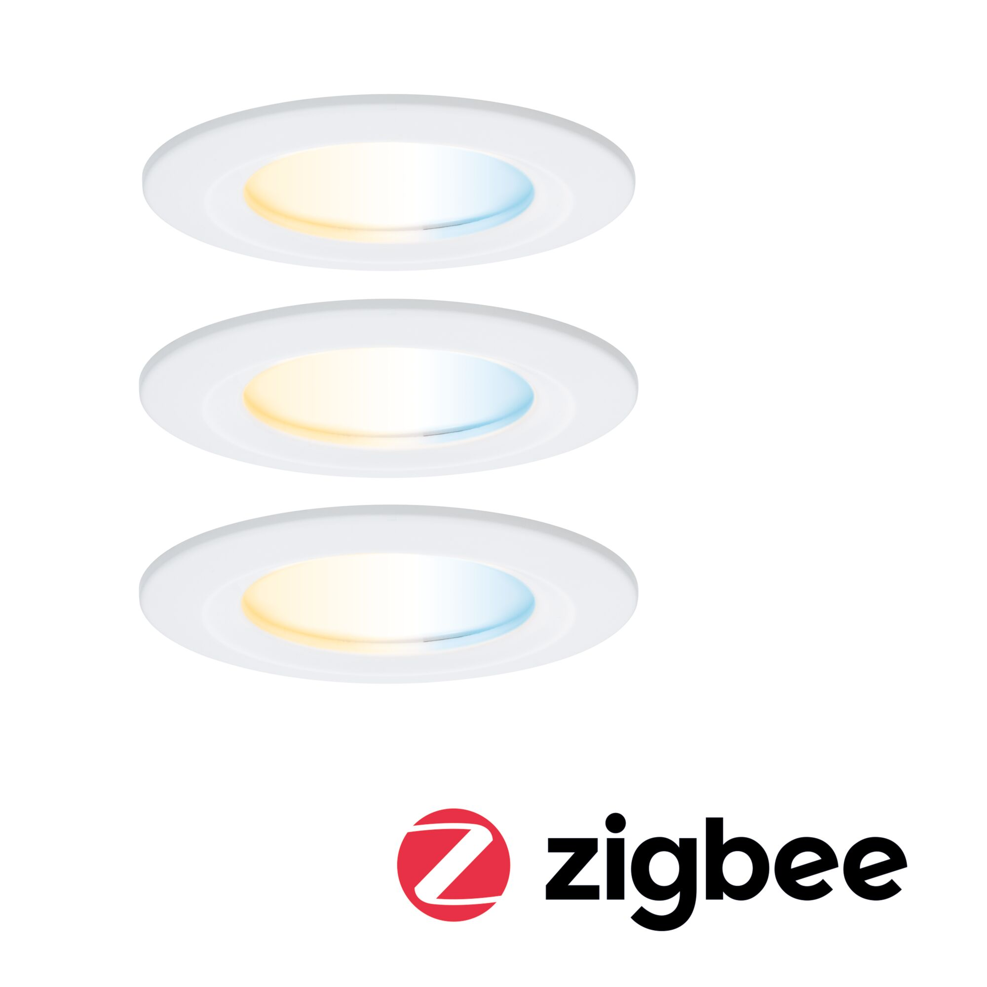 Trzy białe oprawy wpuszczane są wyświetlane nad logo Zigbee na białym tle.