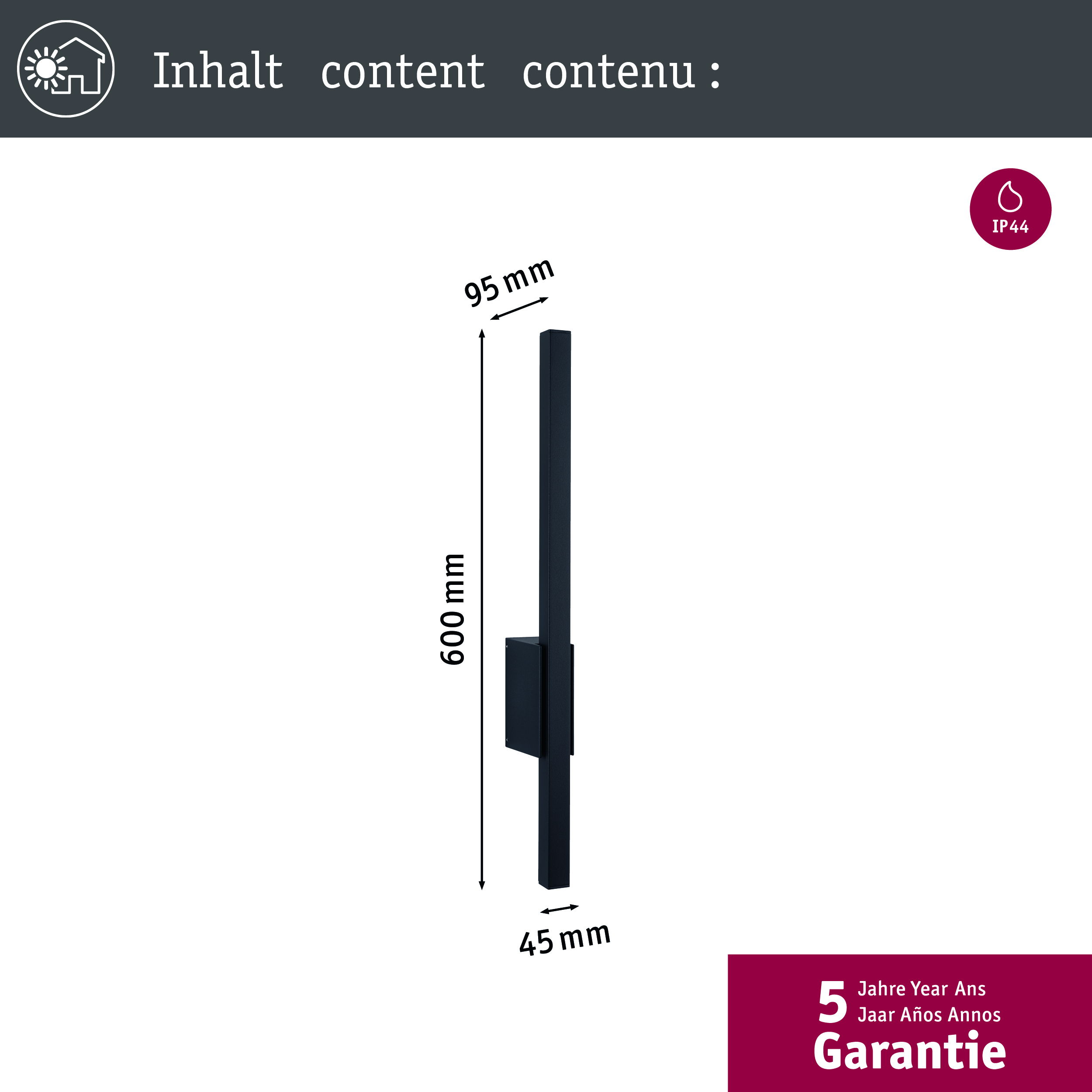 Eine lange, dünne schwarze Leuchte, die vertikal auf einem weißen Hintergrund montiert ist, mit Abmessungen und einem Garantiesiegel.