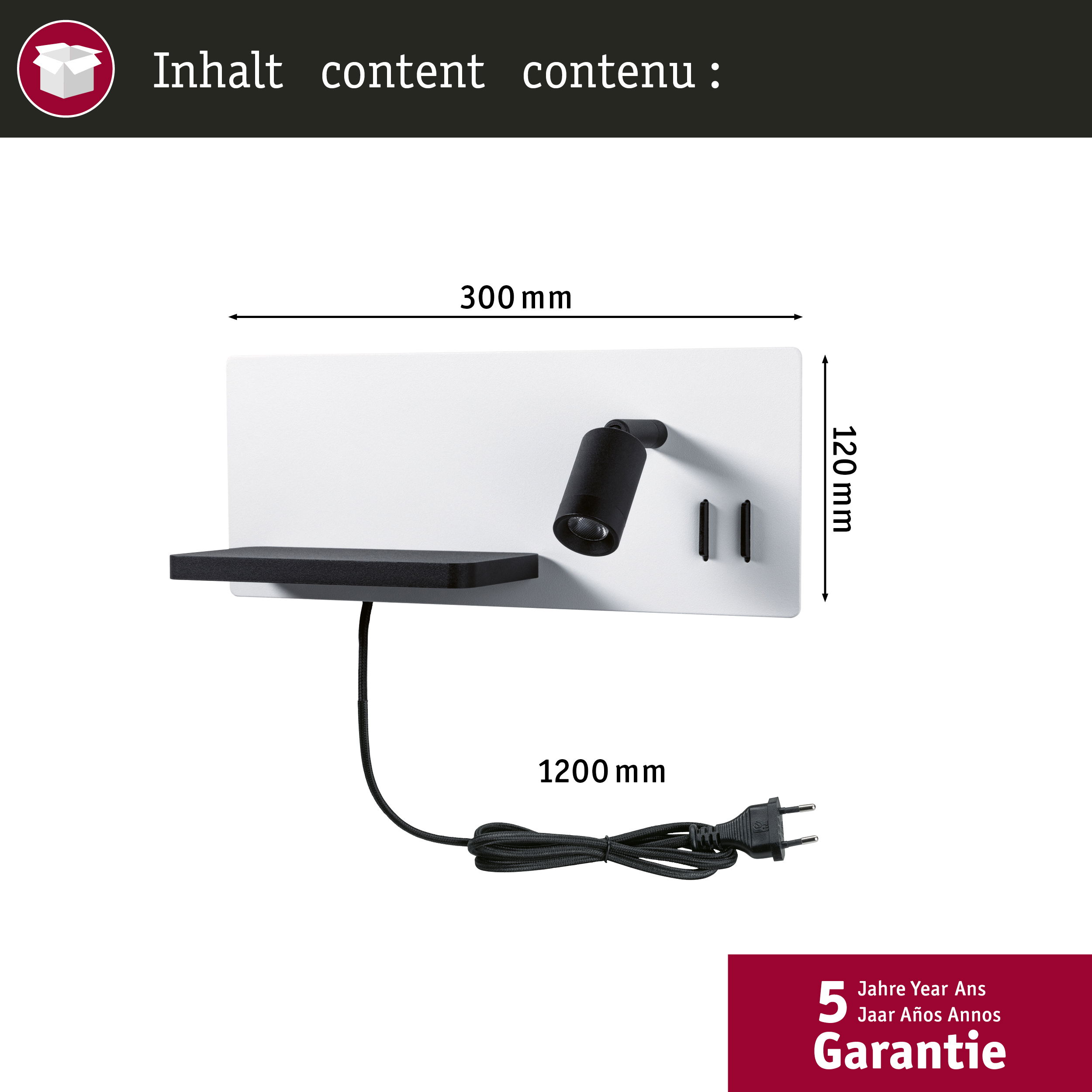 Ein weißes Wandregal mit schwarzem Strahler und Kabel zeigt Abmessungen vor einem weißen Hintergrund mit Garantieinformationen.