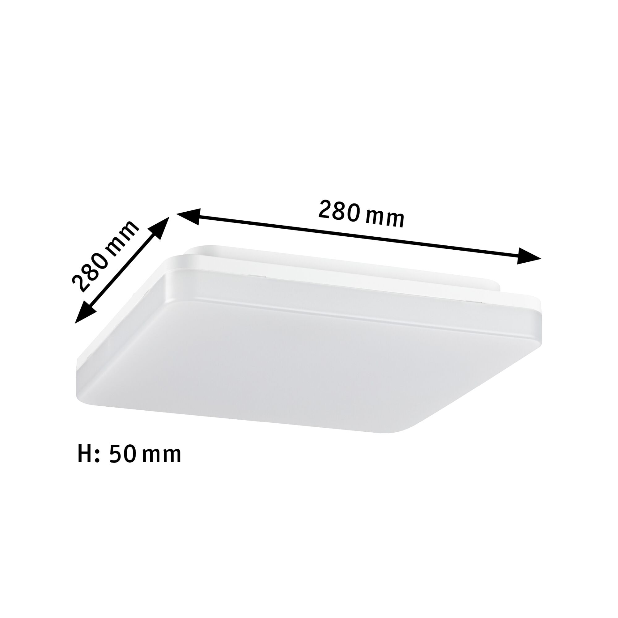 Quadratische weiße LED-Deckenleuchte mit abgerundeten Kanten, Maße 280x280 mm, Höhe 50 mm.