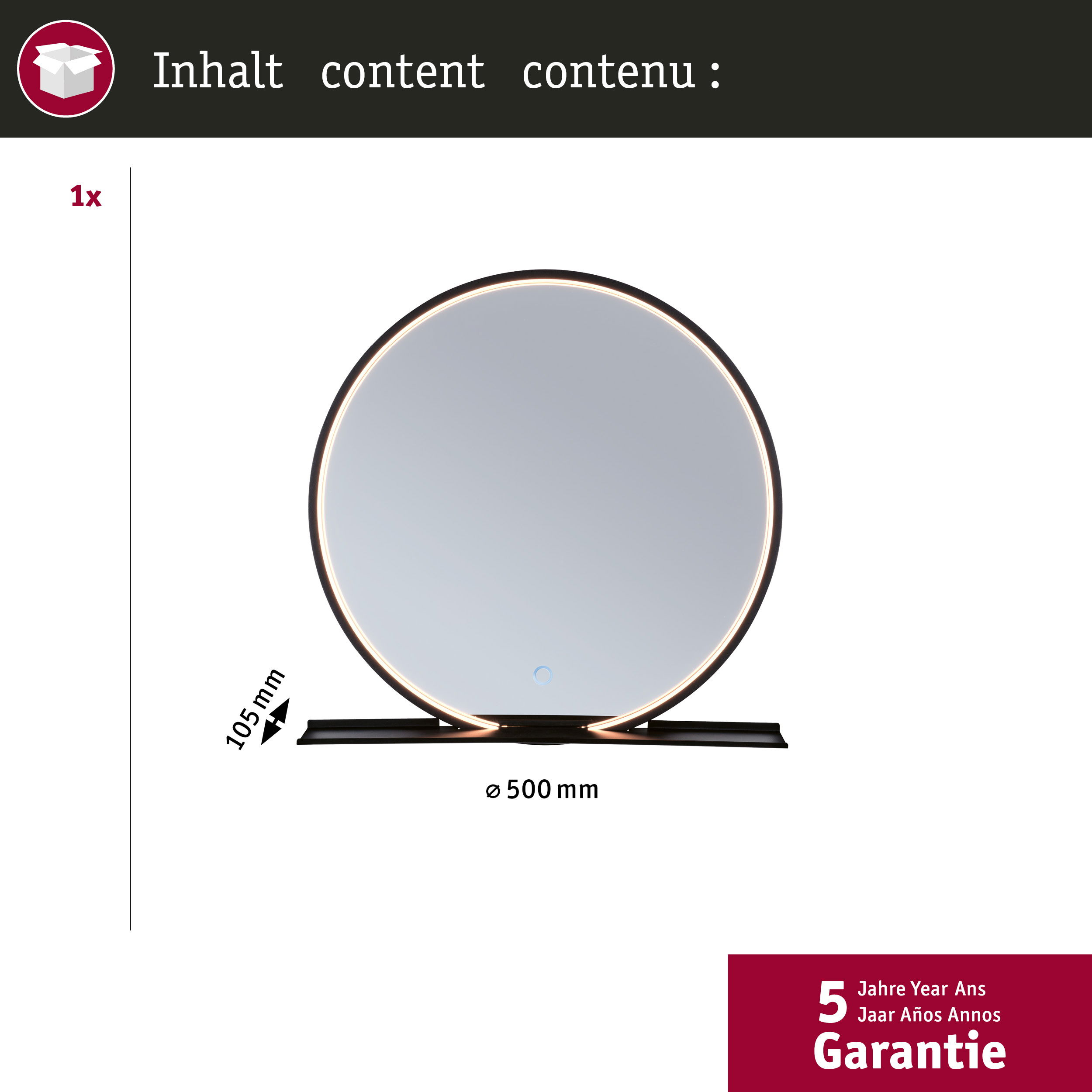 Okrągłe podświetlane lustro z czarną ramą i podstawą, wyświetlające wymiary i 5-letnią gwarancję.