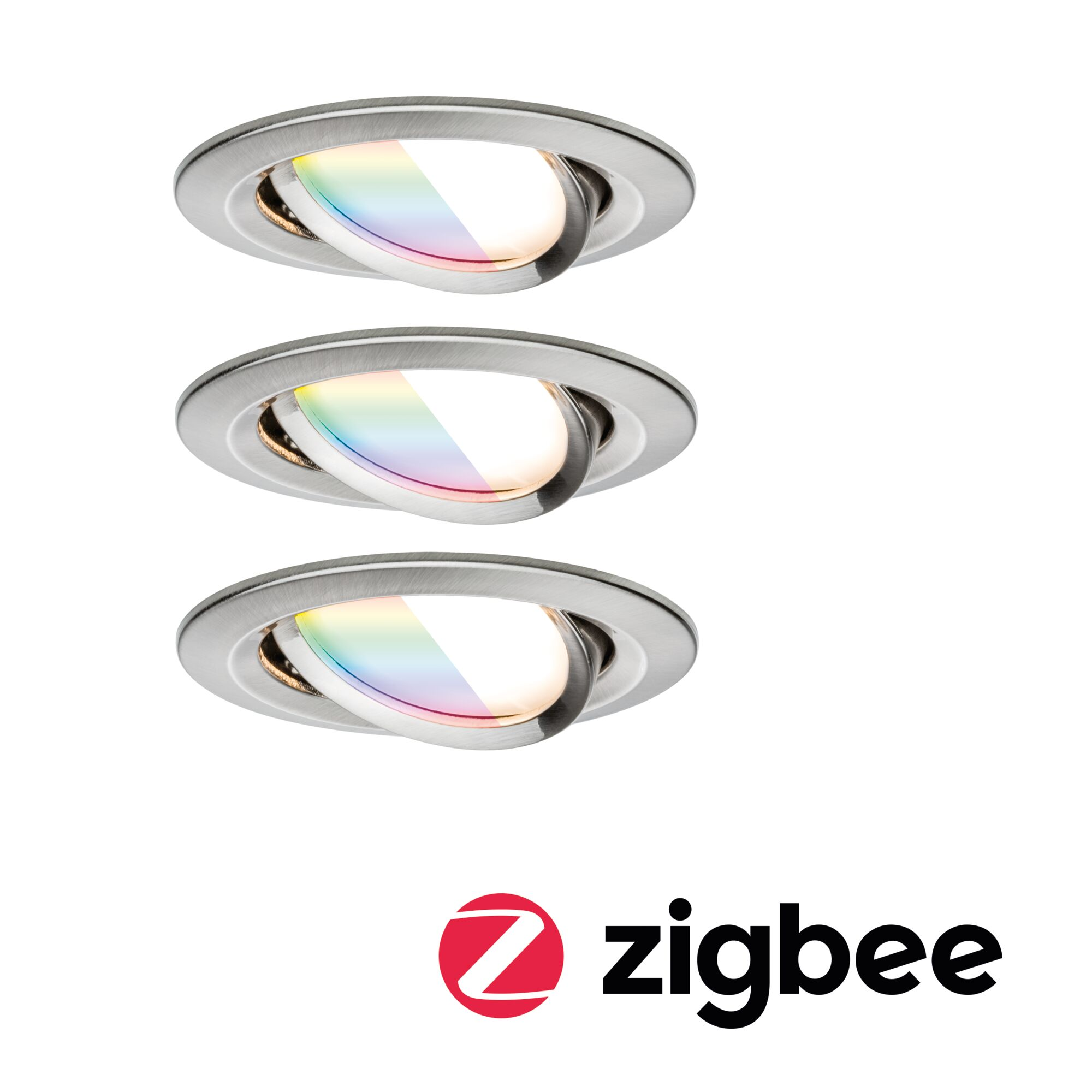 Trzy wpuszczane lampy LED z kolorową emisją światła i logo zigbee.