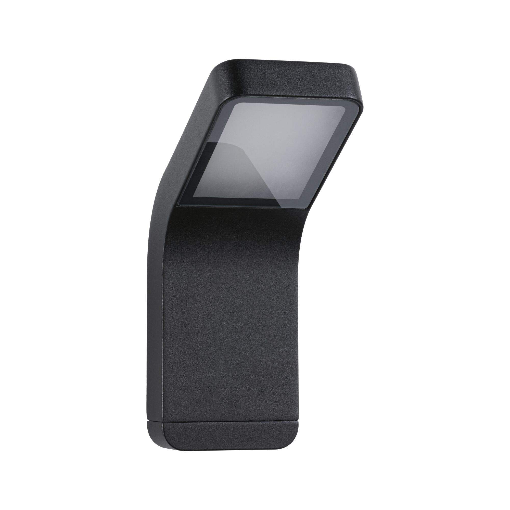 Eine schwarze, abgewinkelte LED-Außenleuchte, die an einer Wand montiert ist.