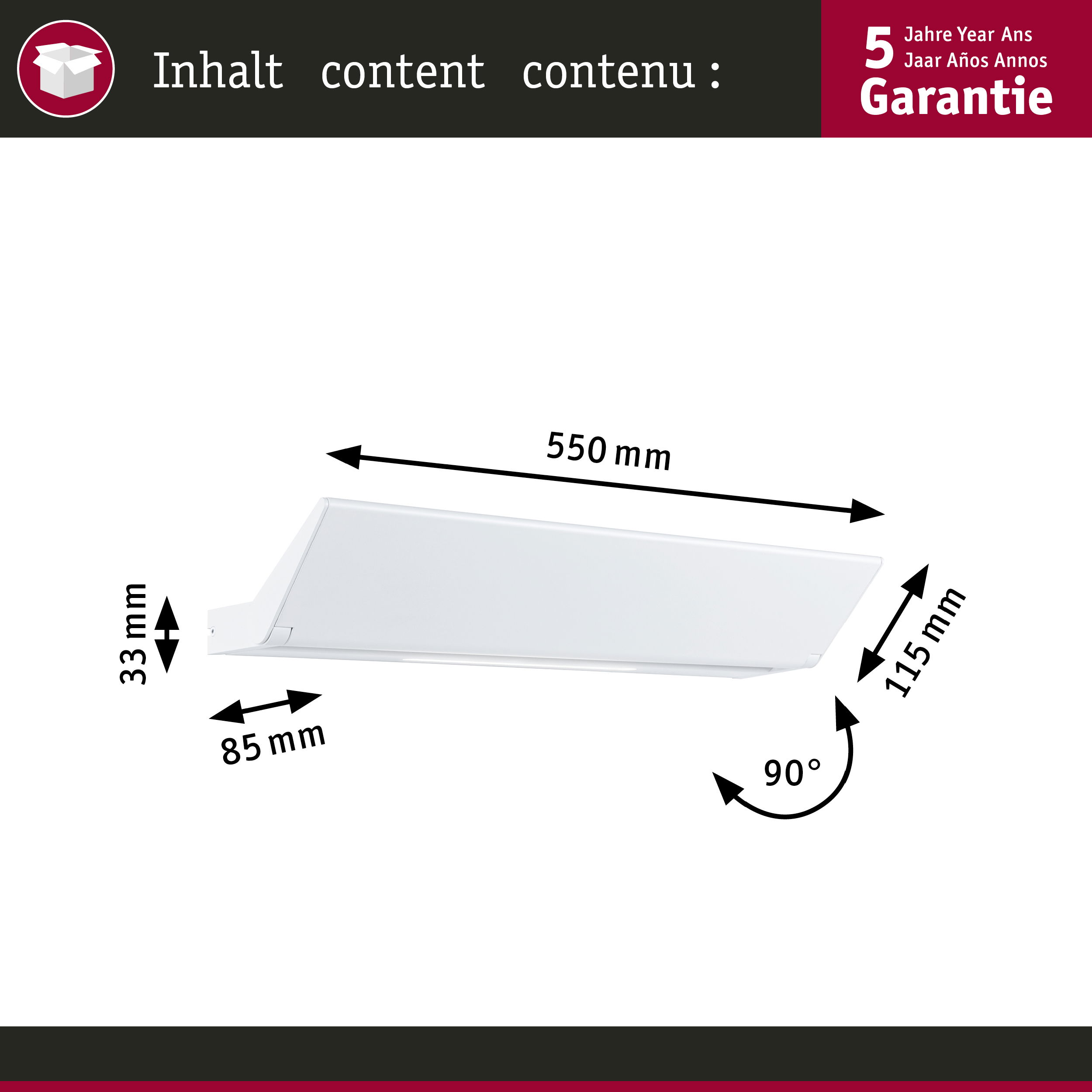 Bild mit den Abmessungen einer weißen Leuchte und einem 5-Jahres-Garantie-Logo.