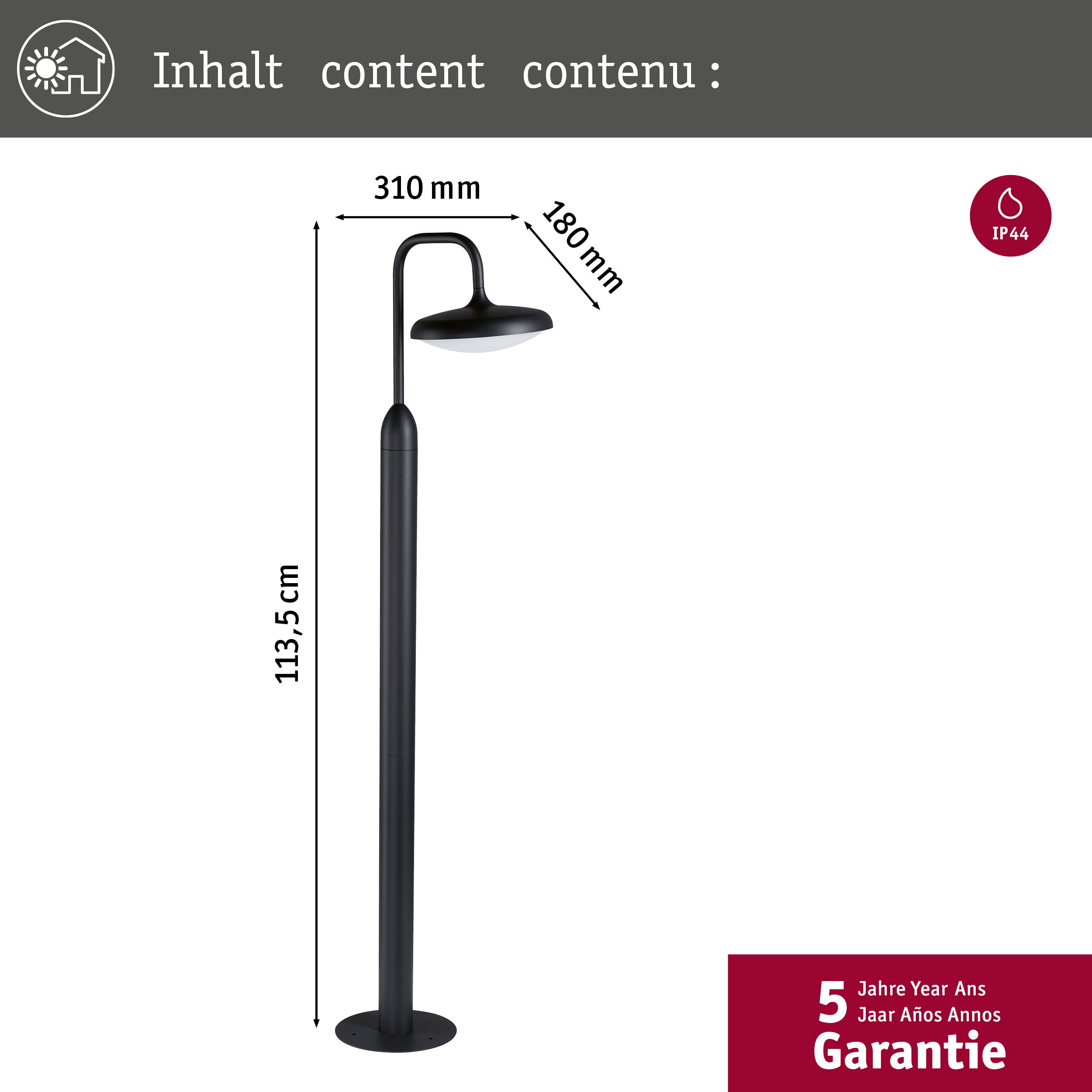 Bild mit den Abmessungen einer schwarzen Außenleuchte und einem 5-Jahres-Garantie-Logo.