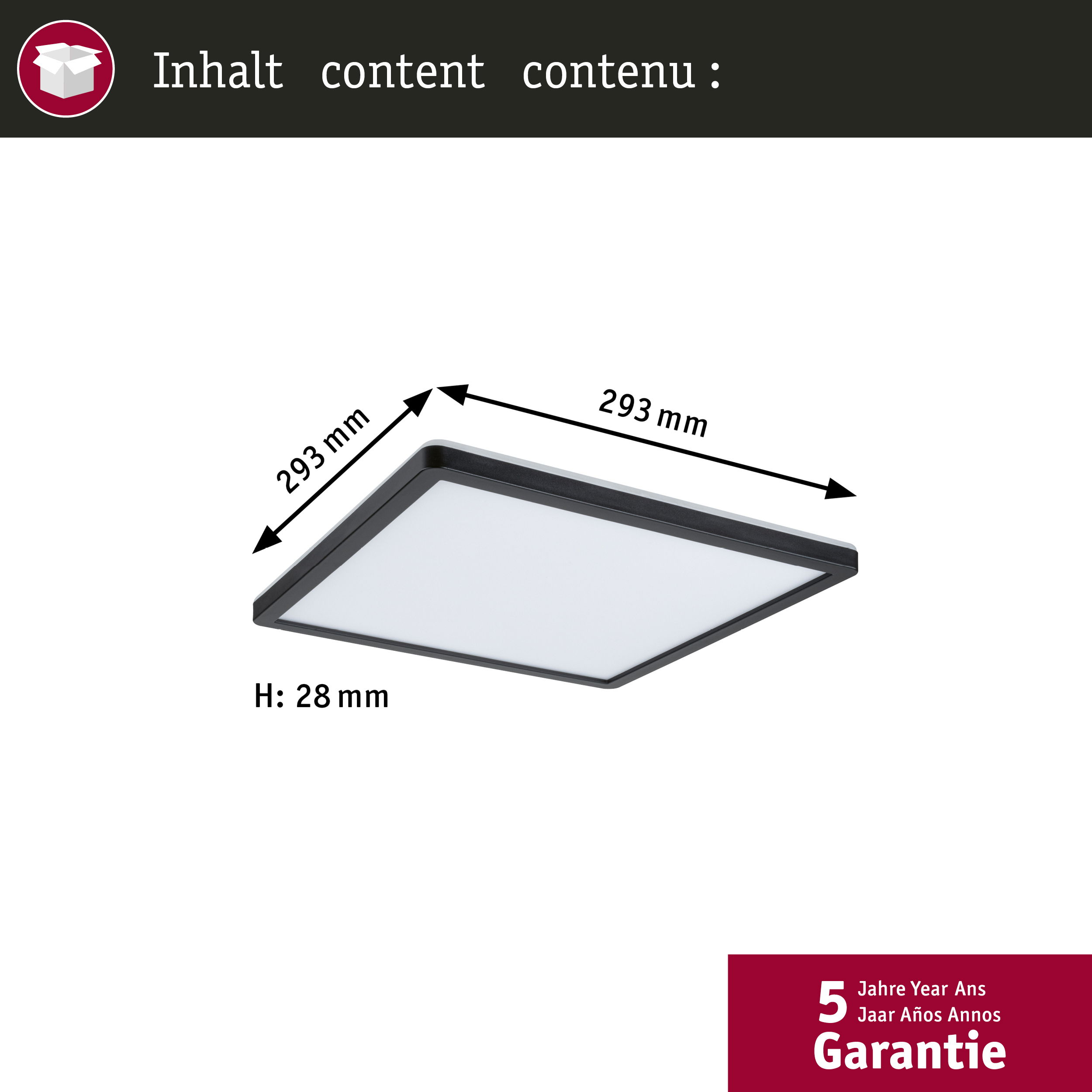 Obraz z wymiarami kwadratowej lampy sufitowej z czarnym obramowaniem i logo 5-letniej gwarancji.