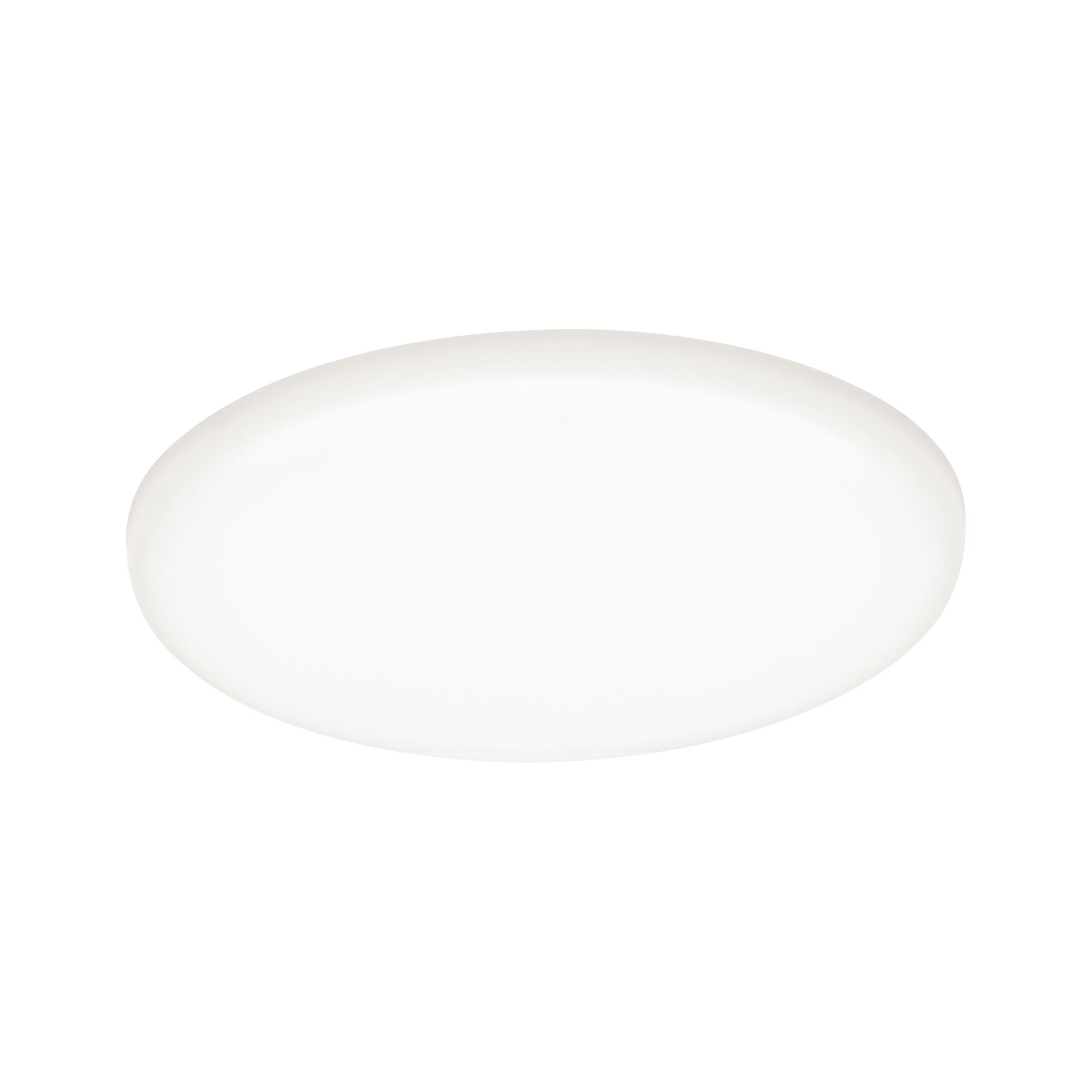 Biała, owalna lampa sufitowa wycentrowana na białym tle.