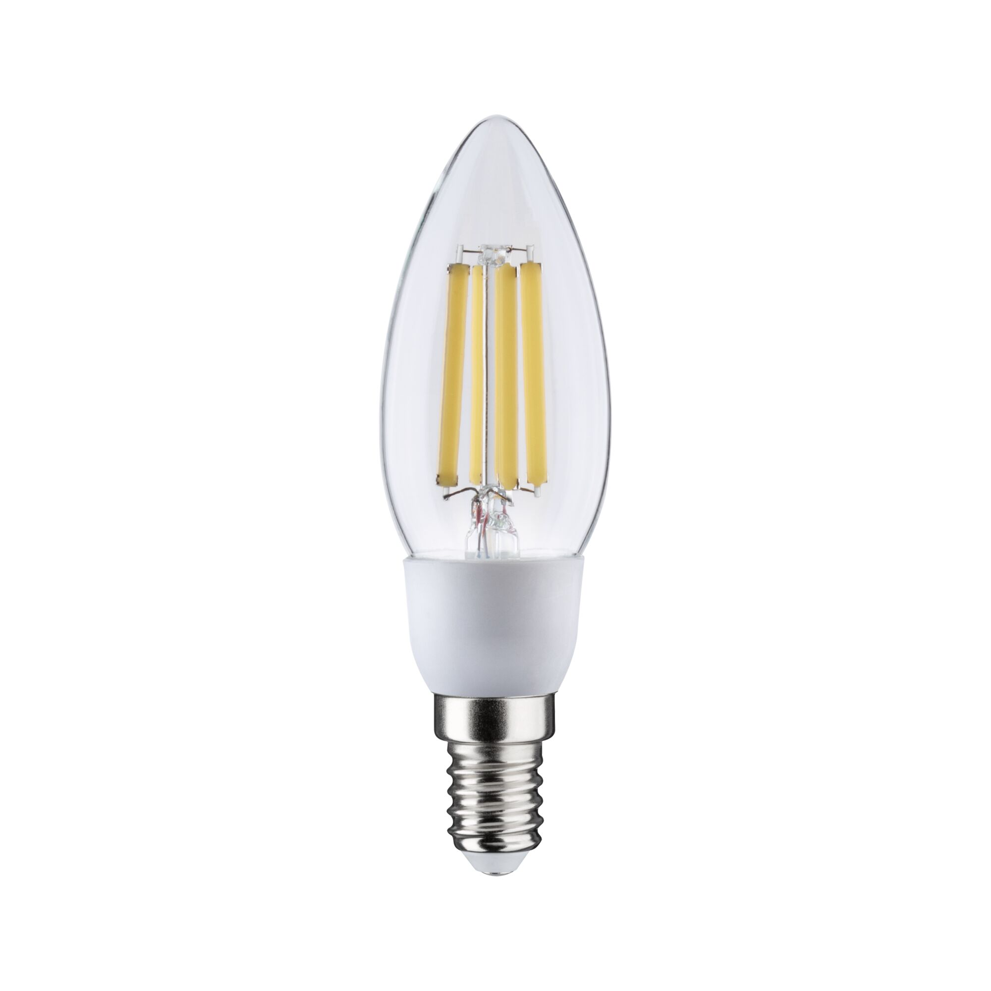 Das Bild zeigt eine klare Glas-LED-Lampe mit einem weißen Sockel und einer silbernen Schraubbefestigung vor einem weißen Hintergrund.