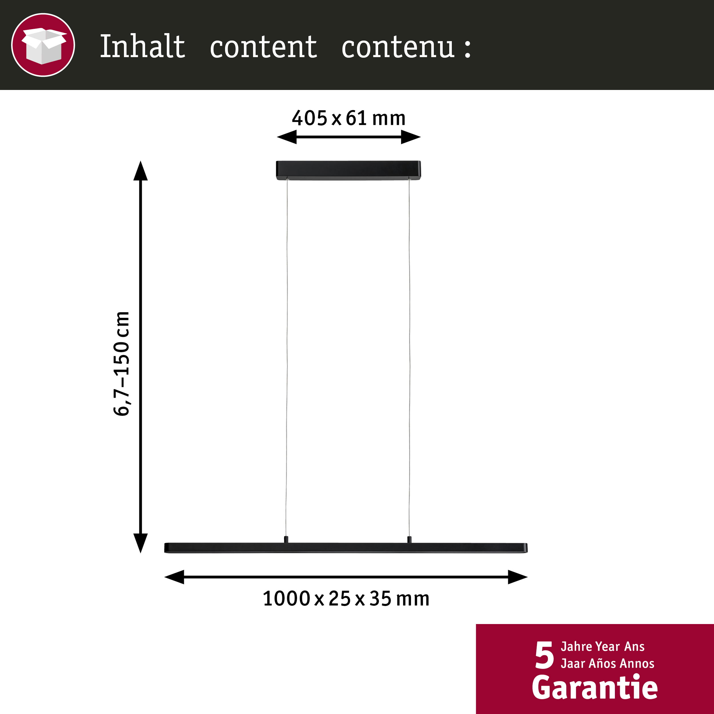 Ein Diagramm zeigt die Abmessungen einer schwarzen Pendelleuchte. Die Leuchte ist oben 405 x 61 mm und unten 1000 x 25 x 35 mm groß.