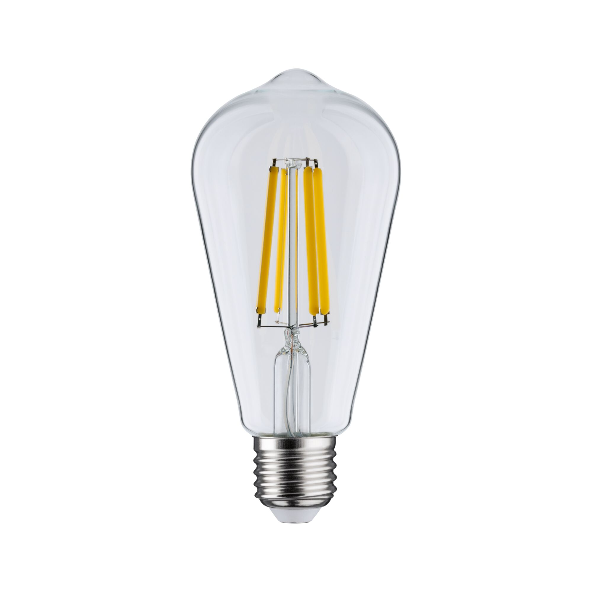 Klare LED-Filament-Glühbirne mit silbernem Sockel, die ihre internen Komponenten zeigt.