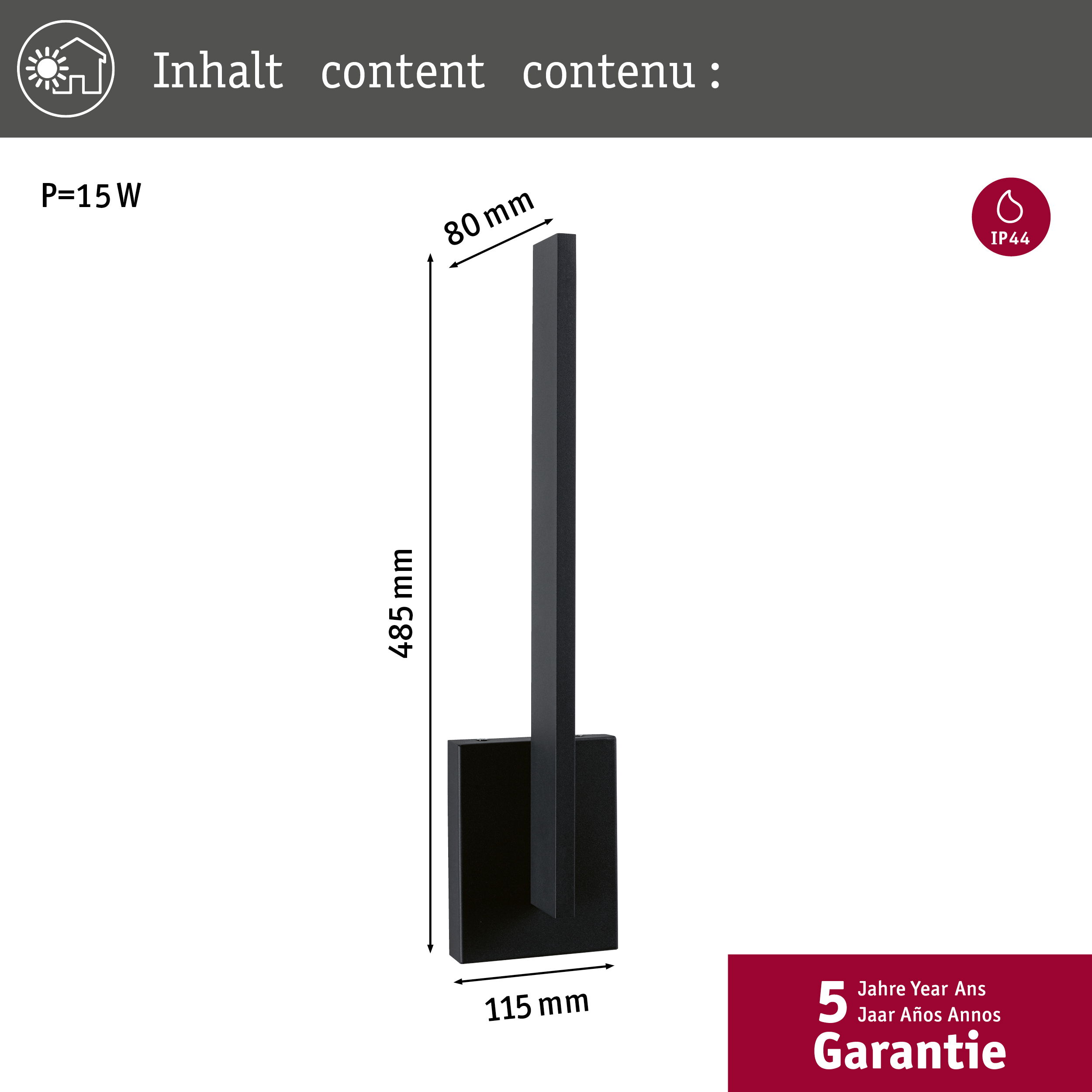 Czarna lampa ścienna z oznaczonymi wymiarami na szarym tle.