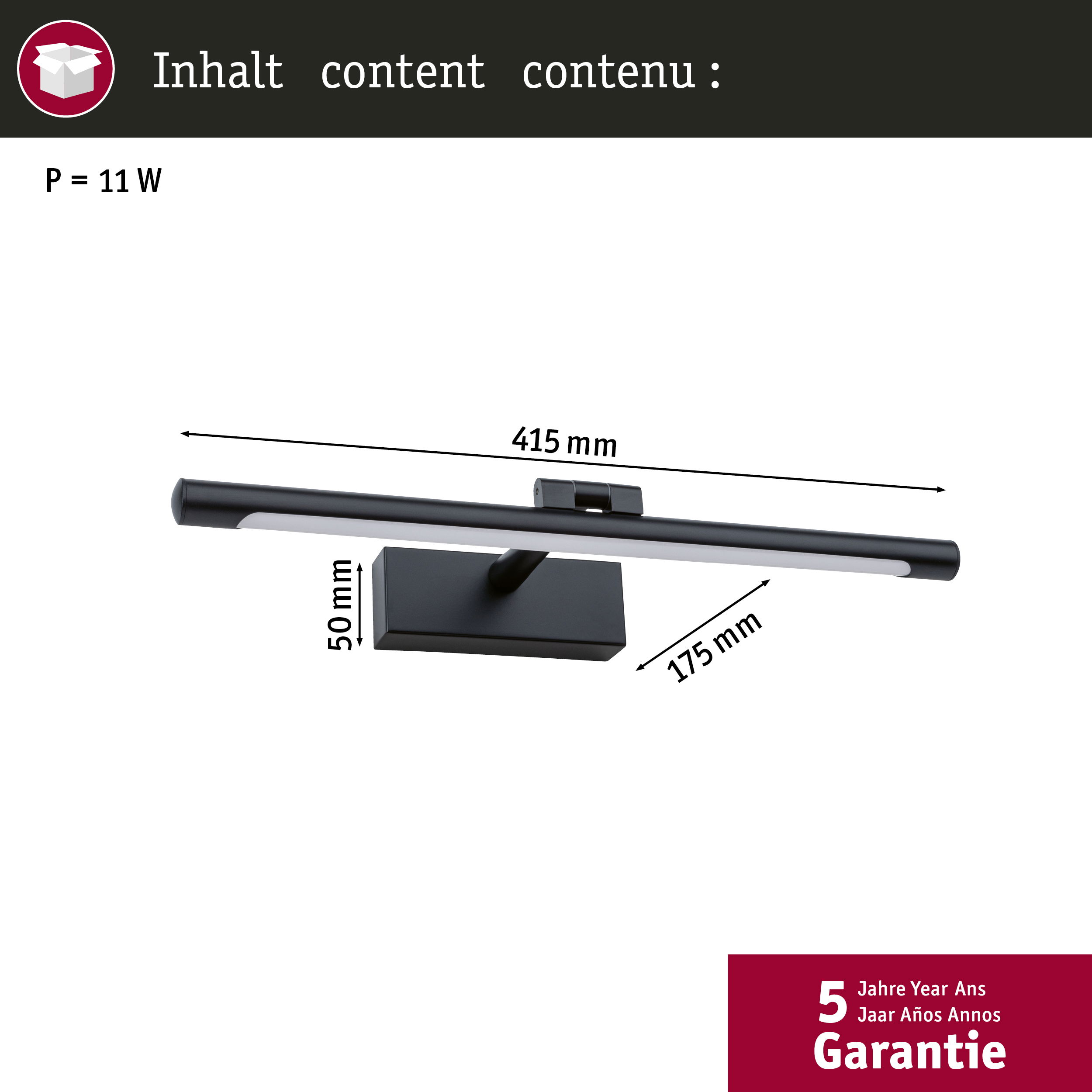 Eine schwarze LED-Wandleuchte mit Abmessungen, isoliert auf Weiß, die modernes Design zeigt.