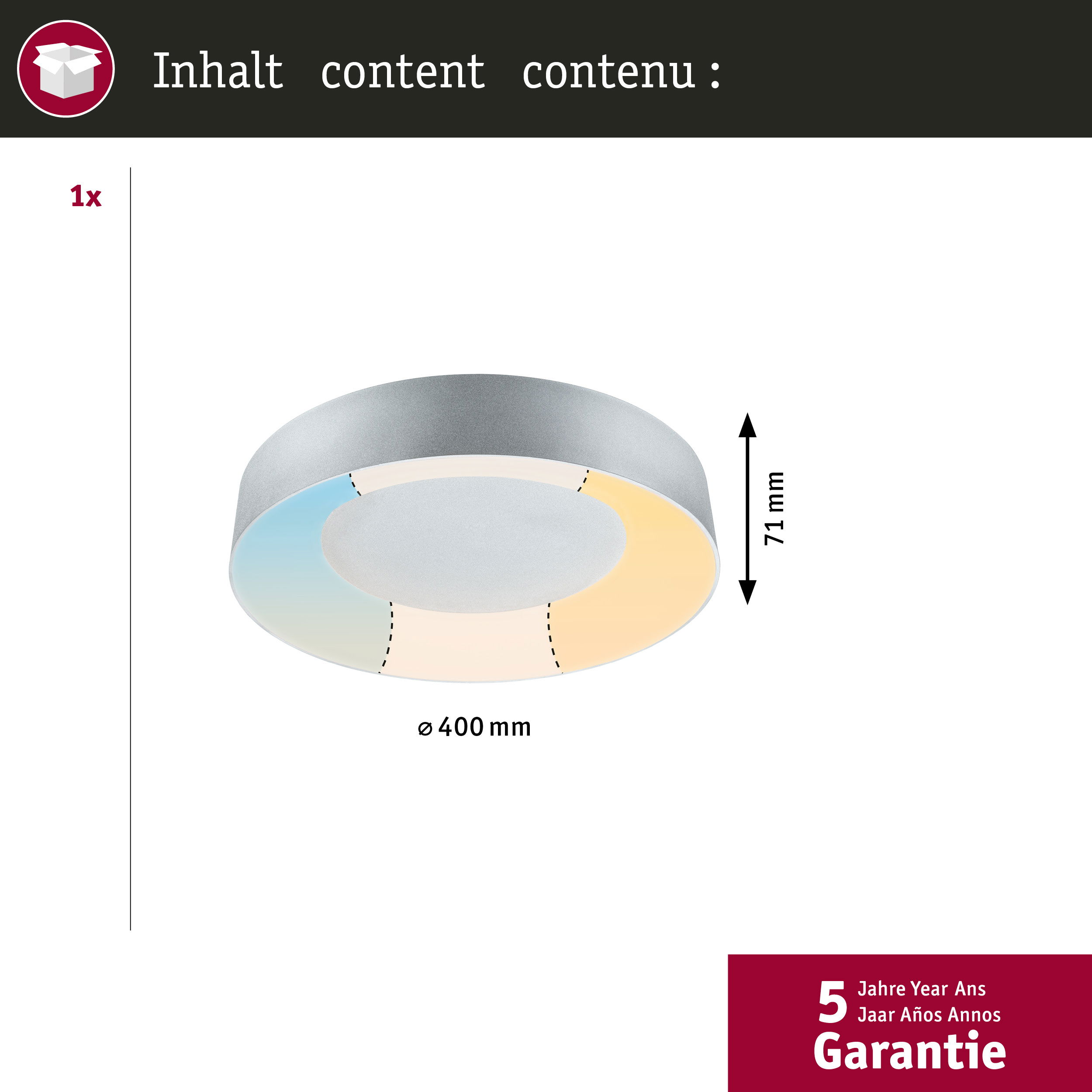 Eine silberne kreisförmige LED-Deckenleuchte mit Abmessungen, isoliert auf einem weißen Hintergrund.