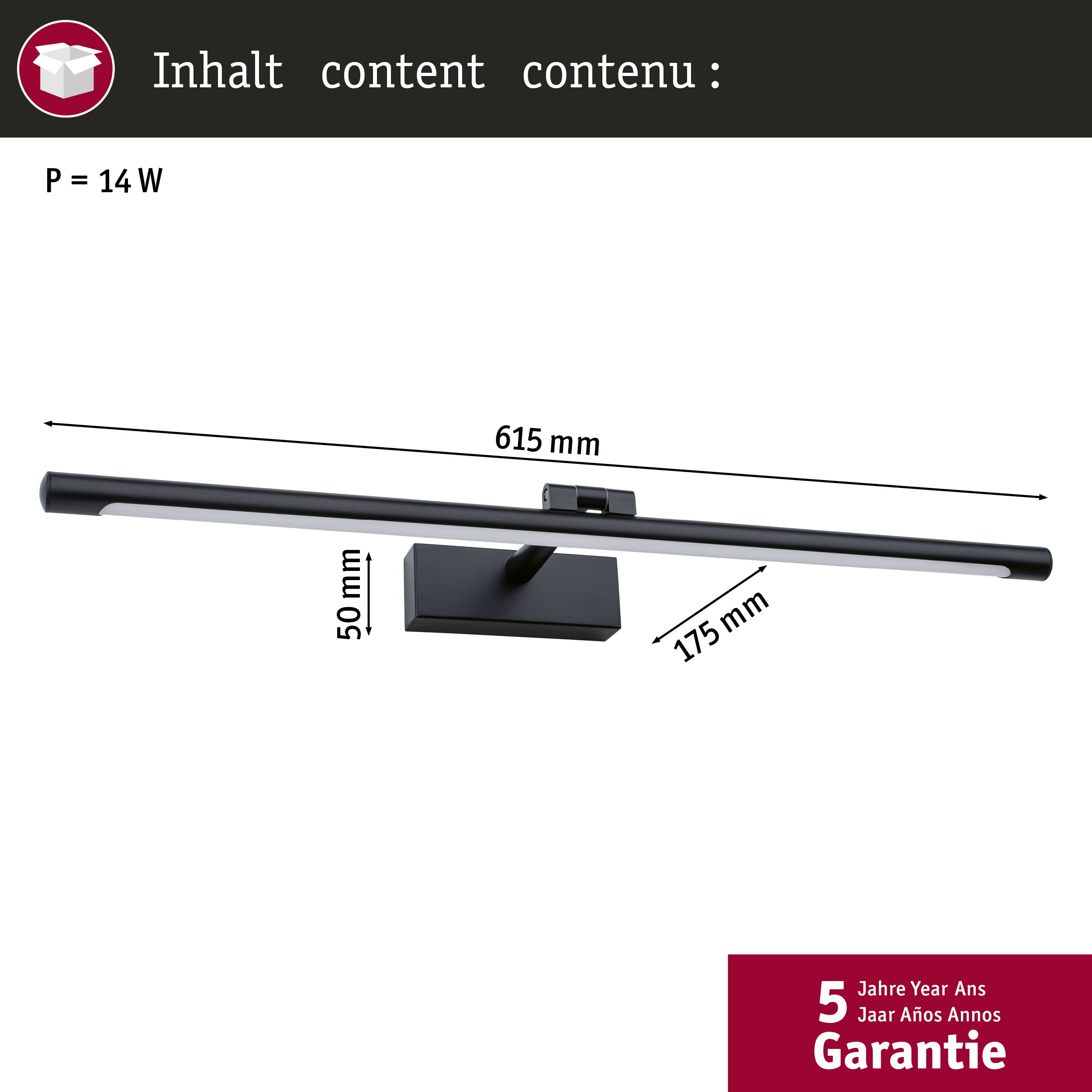 Eine schwarze, rechteckige Leuchte mit Abmessungen wird auf einem weißen Hintergrund angezeigt.