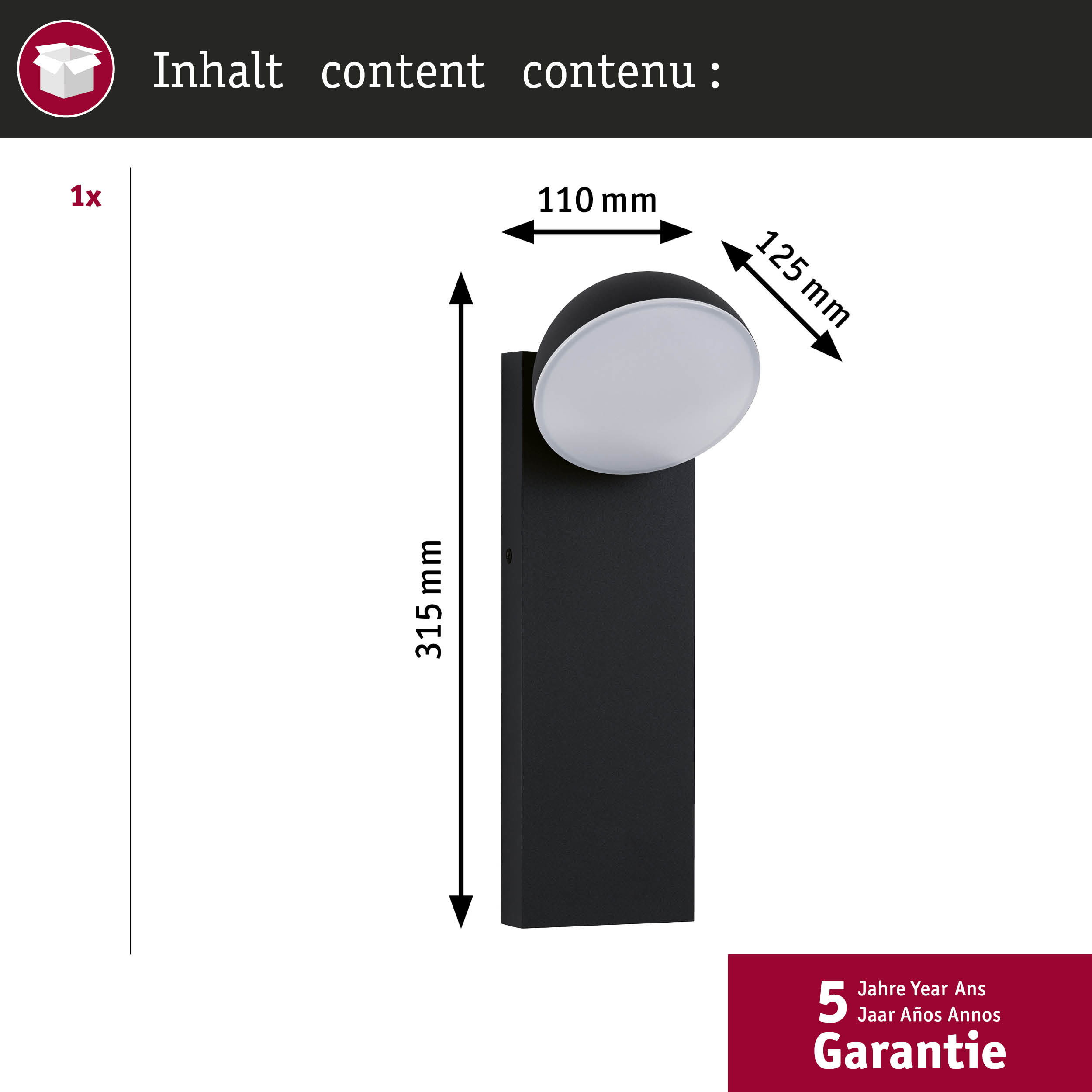 Eine schwarze Wandleuchte mit Abmessungen wird vor einem weißen Hintergrund gezeigt.