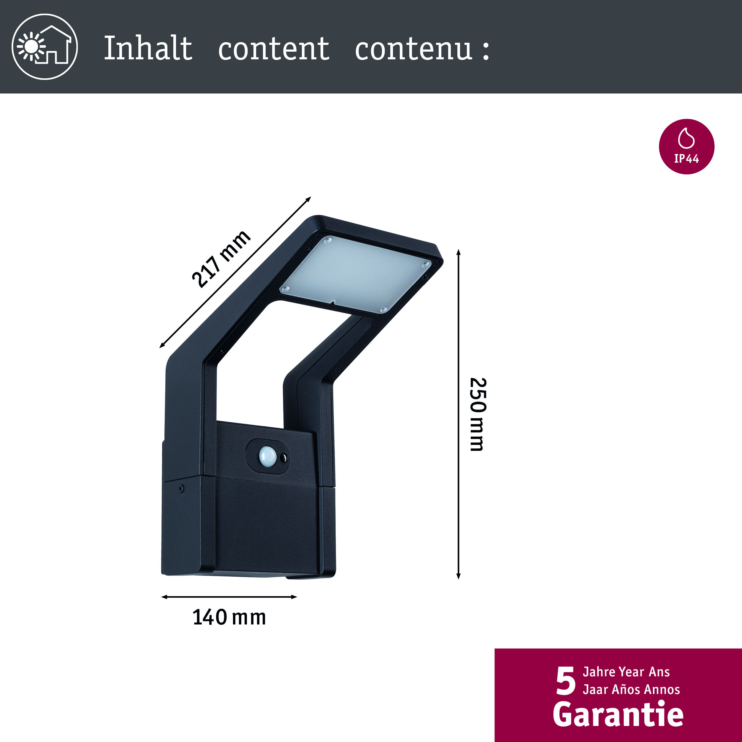 Czarna lampa zewnętrzna z wymiarami jest wyświetlana na białym tle.