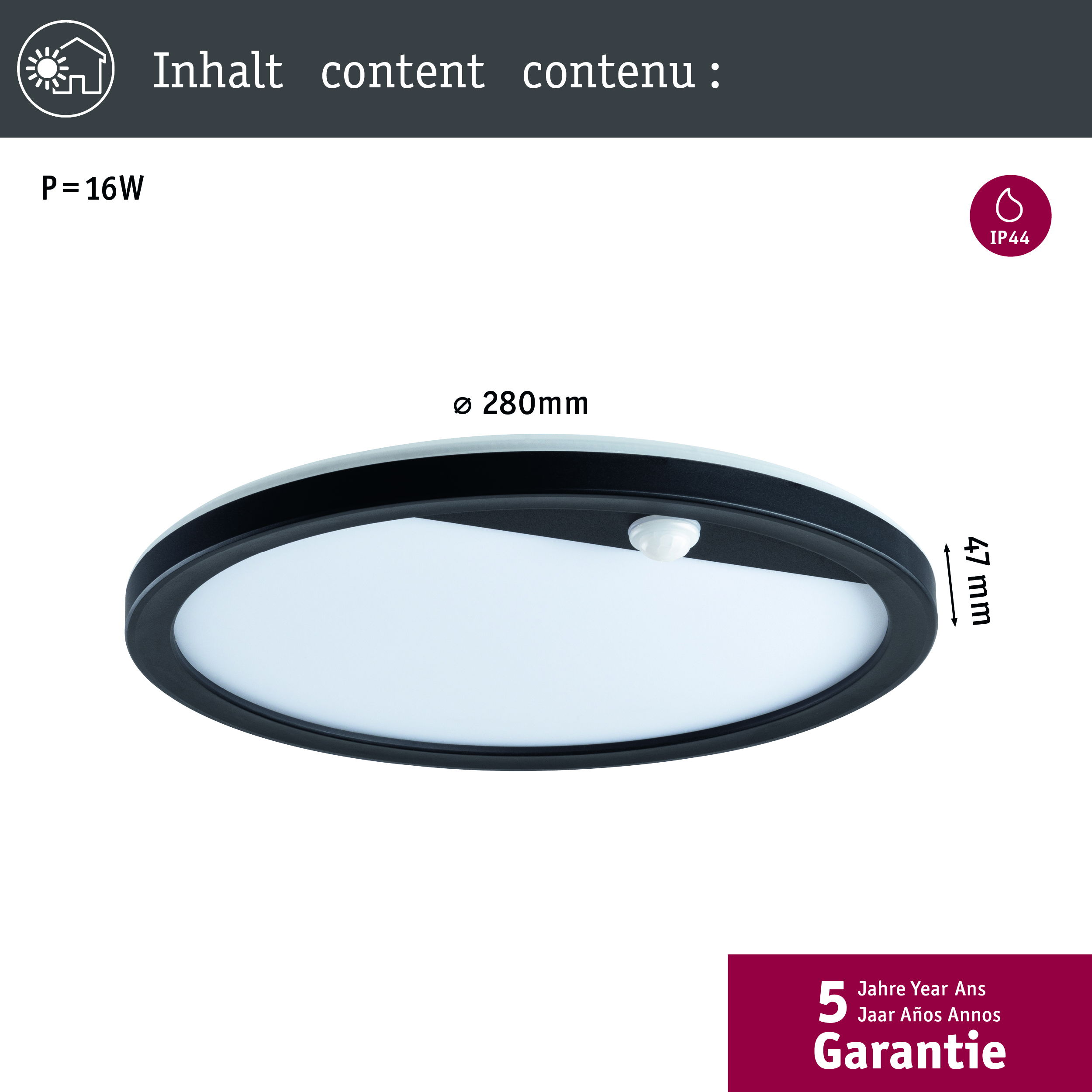 Okrągła, płaska lampa sufitowa LED z czarną ramą i białym dyfuzorem światła. Wymiary są widoczne.