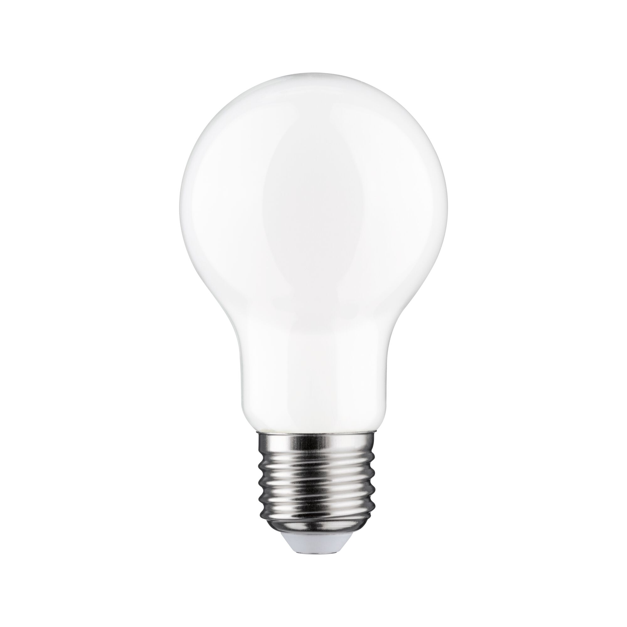 Eine weiße LED-Glühbirne mit einem silbernen Sockel ist auf einem weißen Hintergrund zentriert. Die Glühbirne hat eine abgerundete Form.