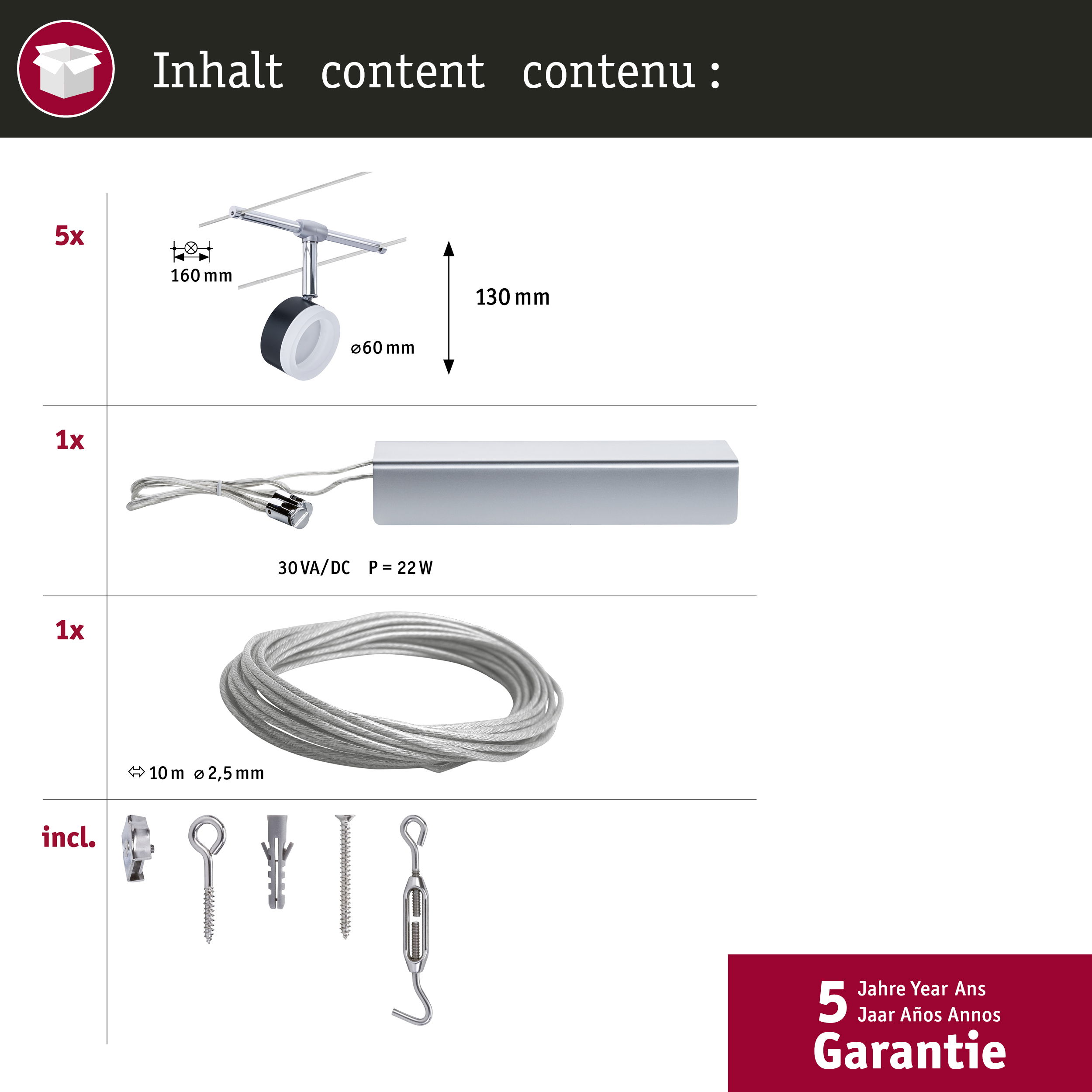 Diagramm eines Schienenbeleuchtungs-Kits mit beschrifteten Komponenten, einschließlich Leuchten, Kabel und Montagematerial, mit einem Garantieetikett.