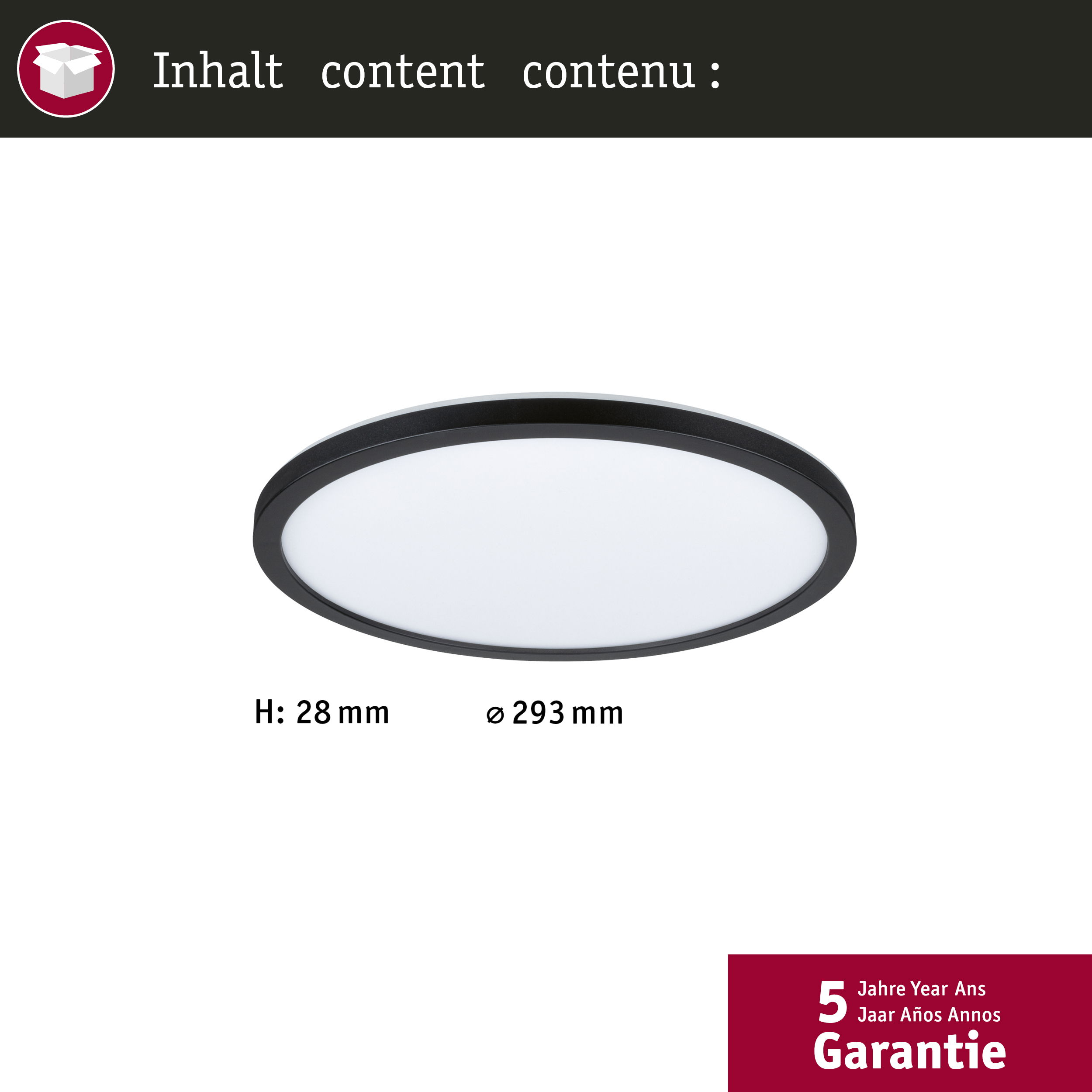 Okrągła, płaska lampa sufitowa LED. Ma czarną krawędź i biały środek.