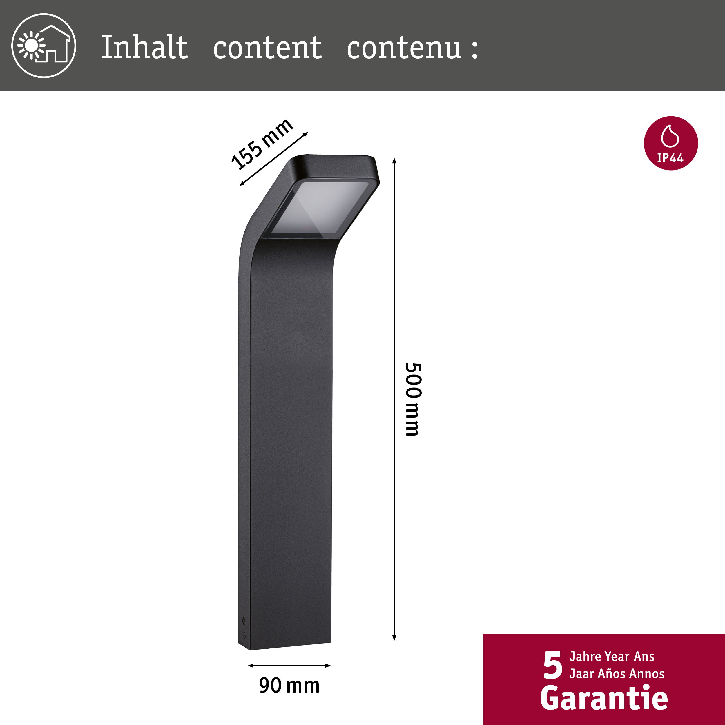 Eine hohe, schwarze, quadratische Pollerleuchte mit geneigtem Kopf auf weißem Hintergrund mit Maßen.